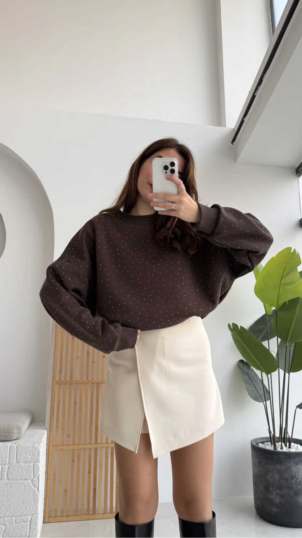 Taşlı Sweatshirt - Acı Kahve