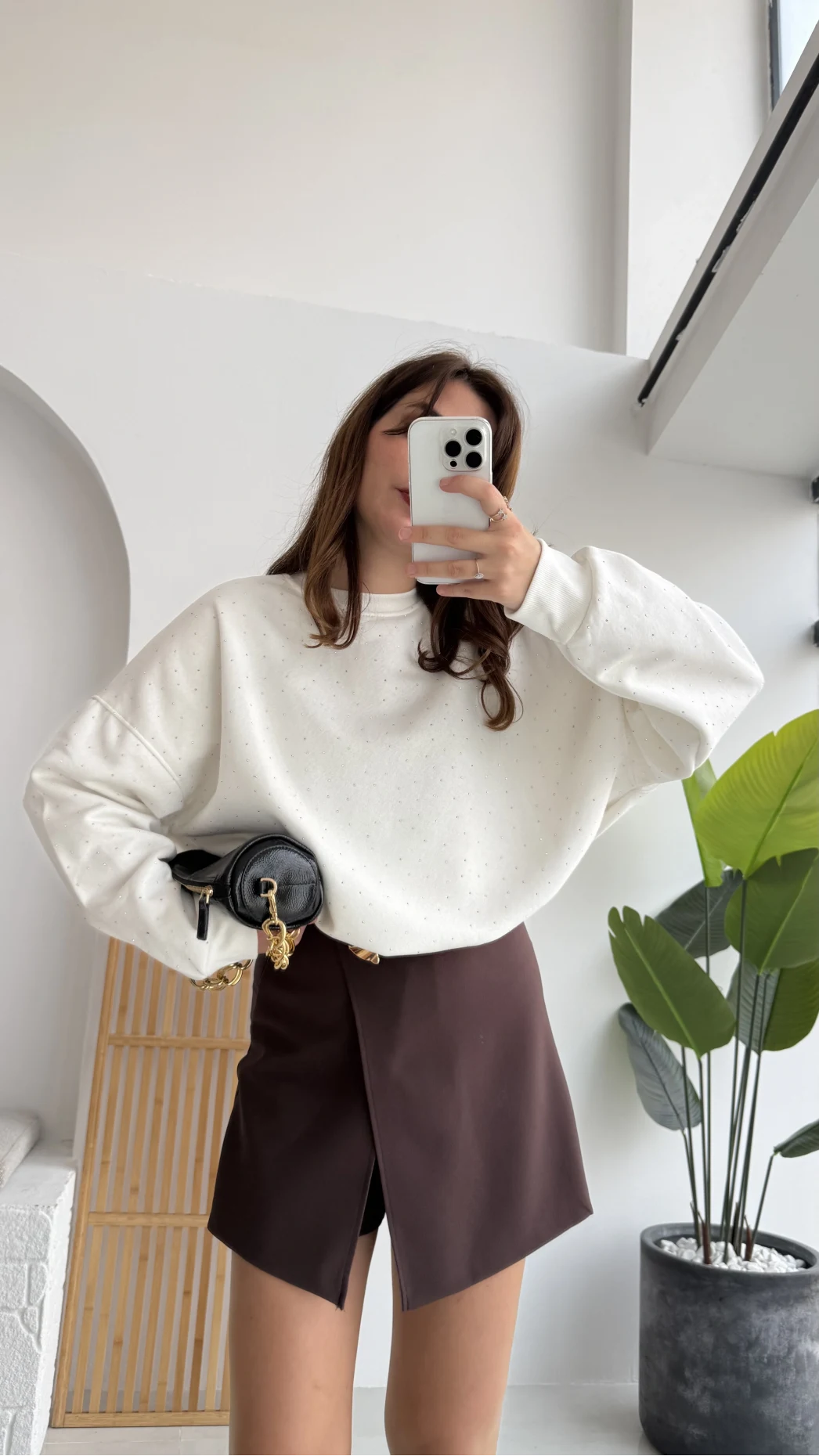 Taşlı Sweatshirt - Beyaz