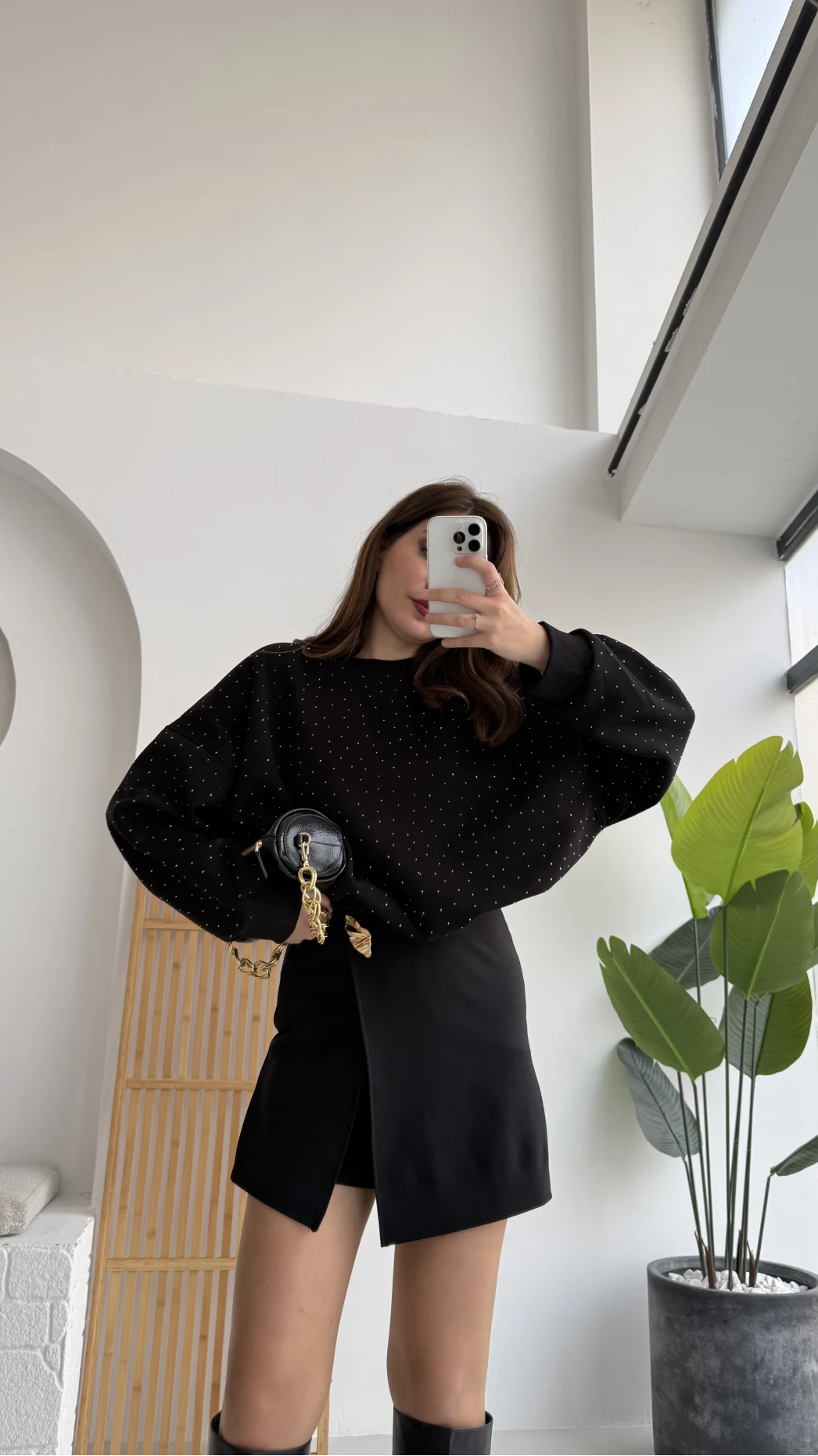 Taşlı Sweatshirt - Siyah