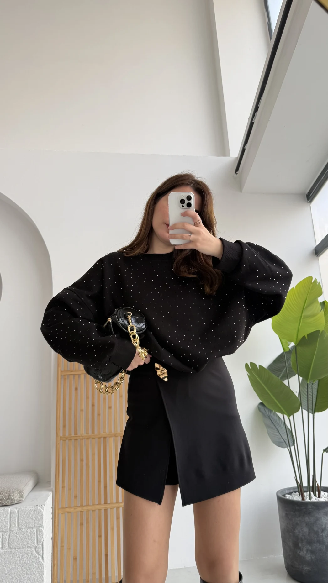 Taşlı Sweatshirt - Siyah