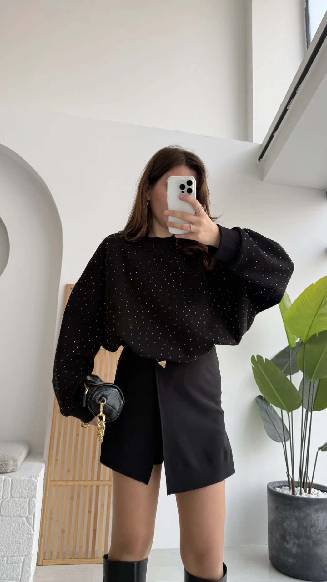 Taşlı Sweatshirt - Siyah