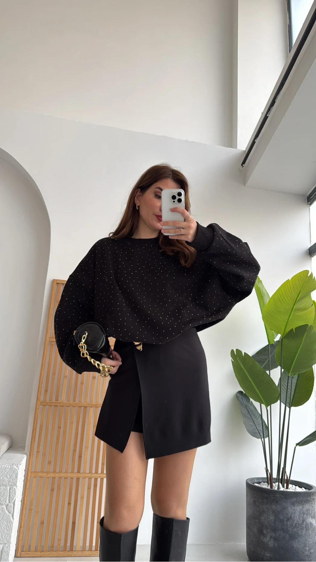 Taşlı Sweatshirt - Siyah