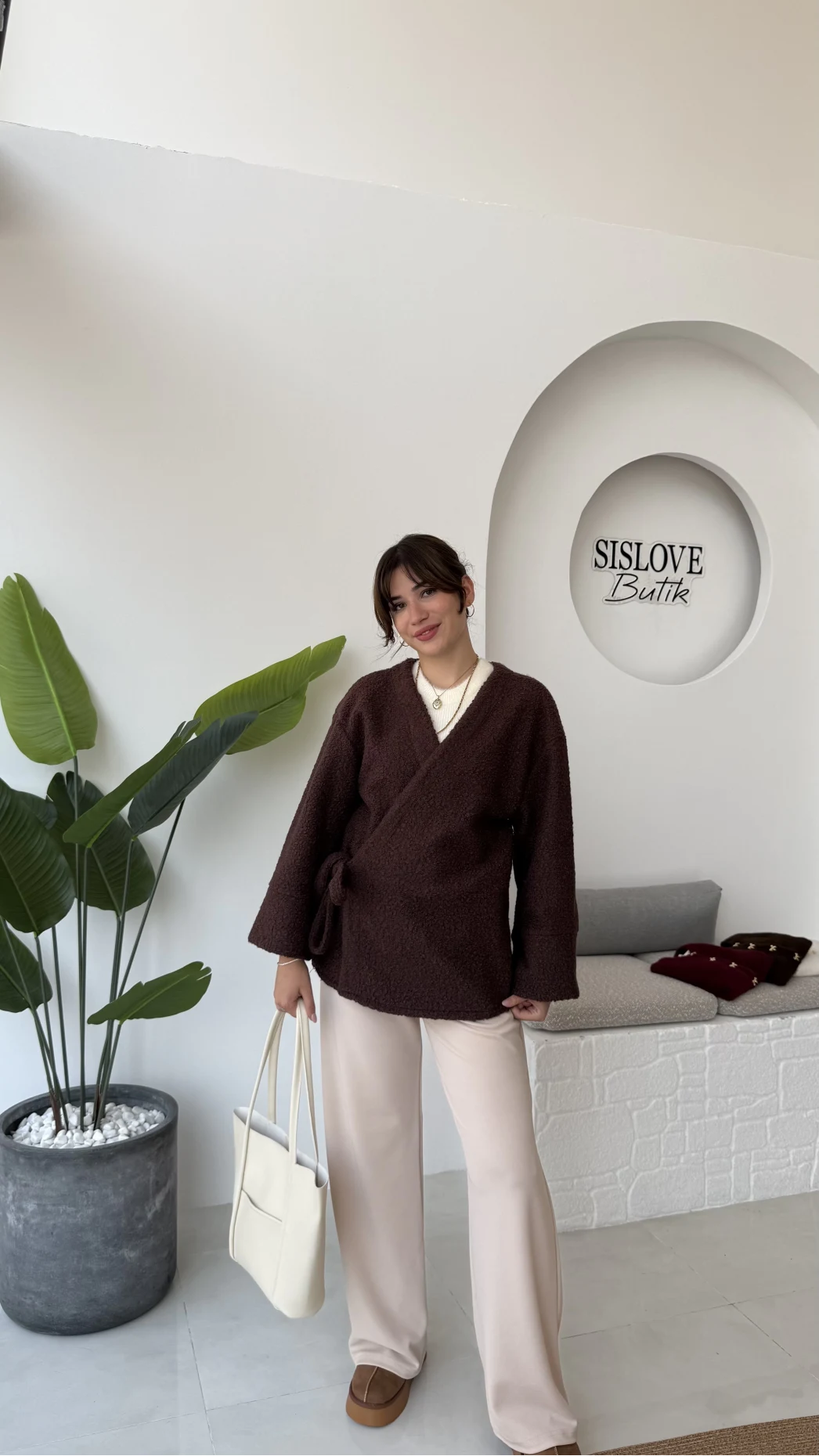 Teddy Kumaş Kimono - Kahve - Kod: 7020