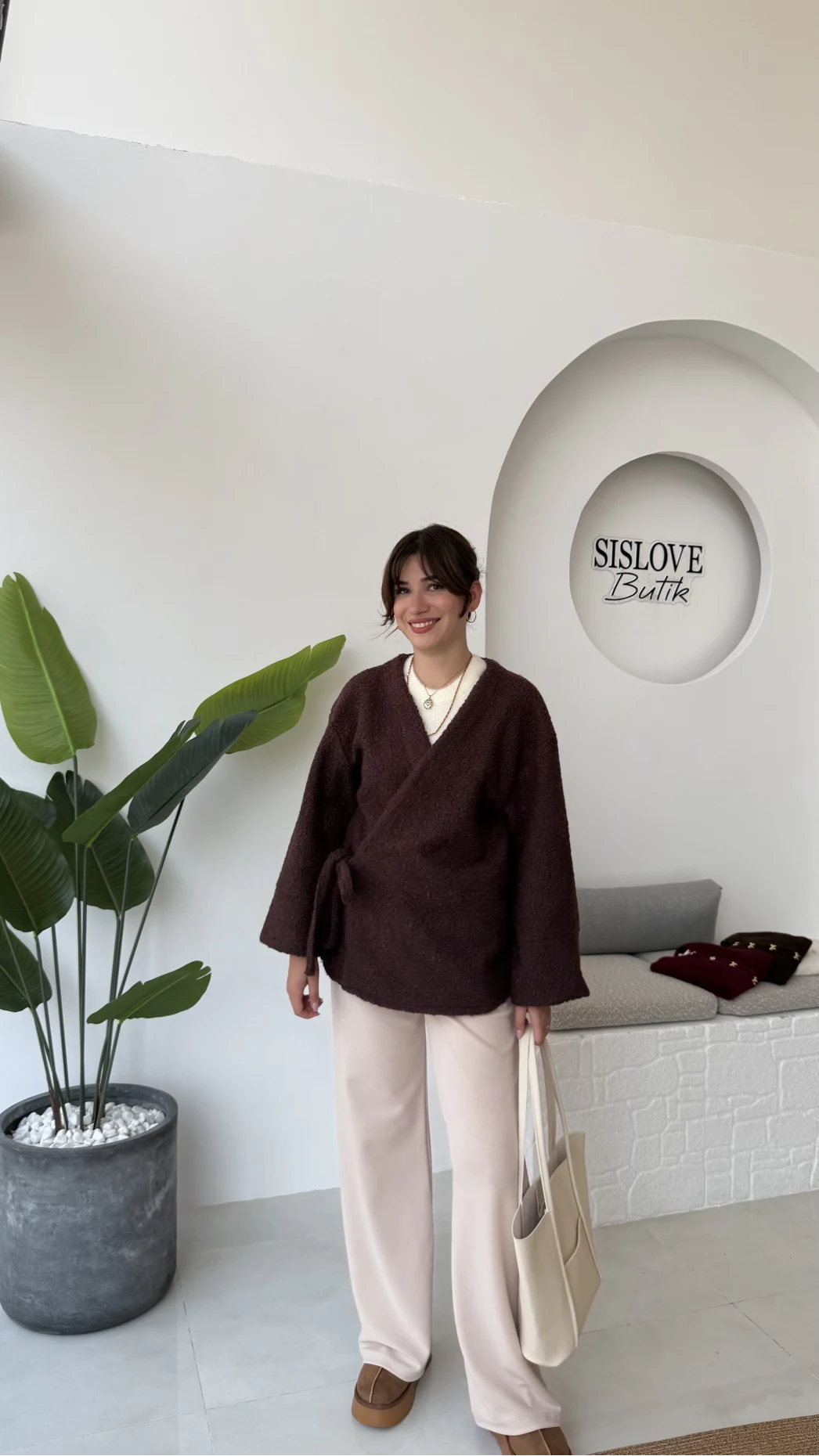 Teddy Kumaş Kimono - Kahve - Kod: 7020