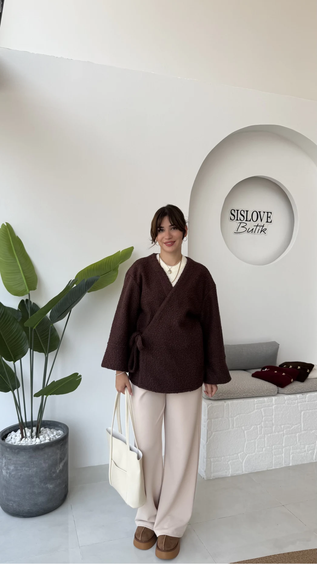 Teddy Kumaş Kimono - Kahve - Kod: 7020