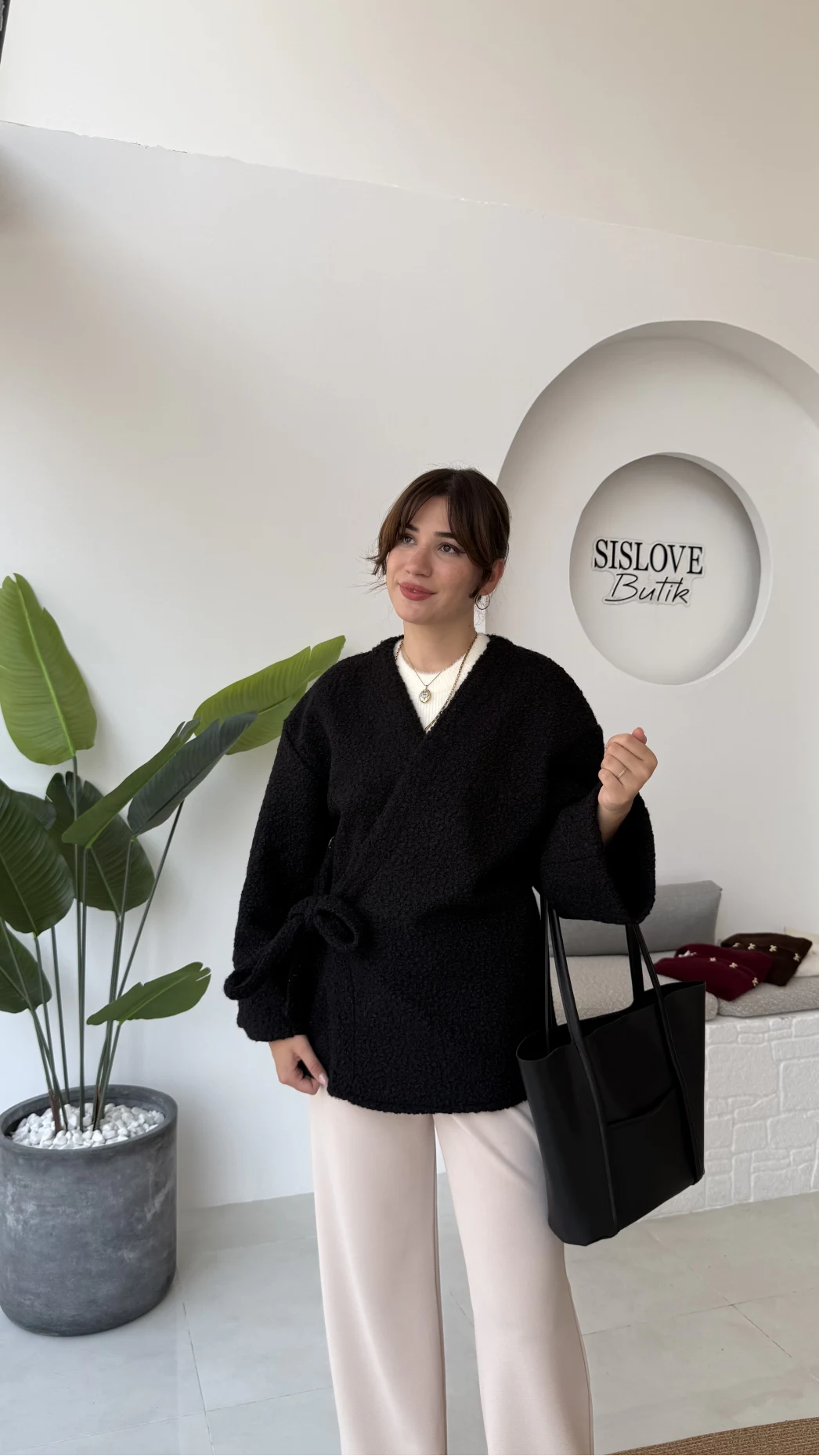 Teddy Kumaş Kimono - Siyah - Kod: 7020