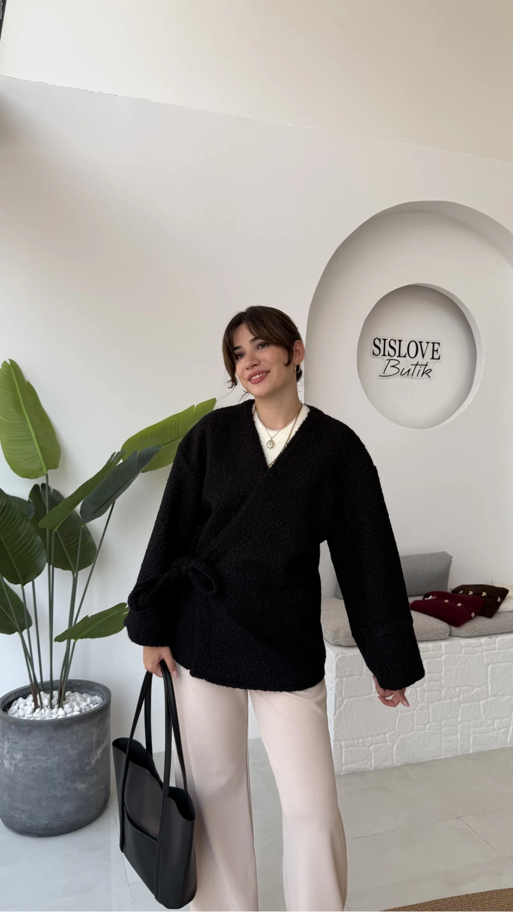 Teddy Kumaş Kimono - Siyah - Kod: 7020