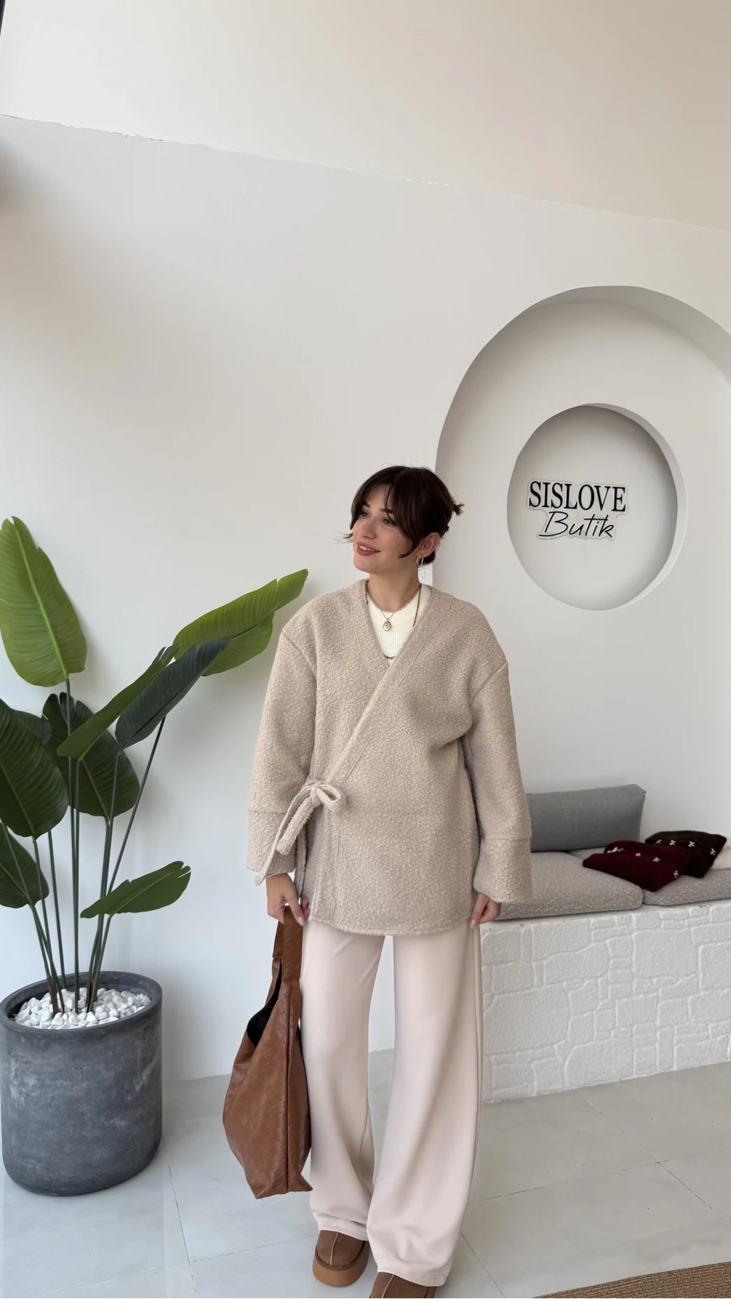 Teddy Kumaş Kimono - Taş - Kod: 7020