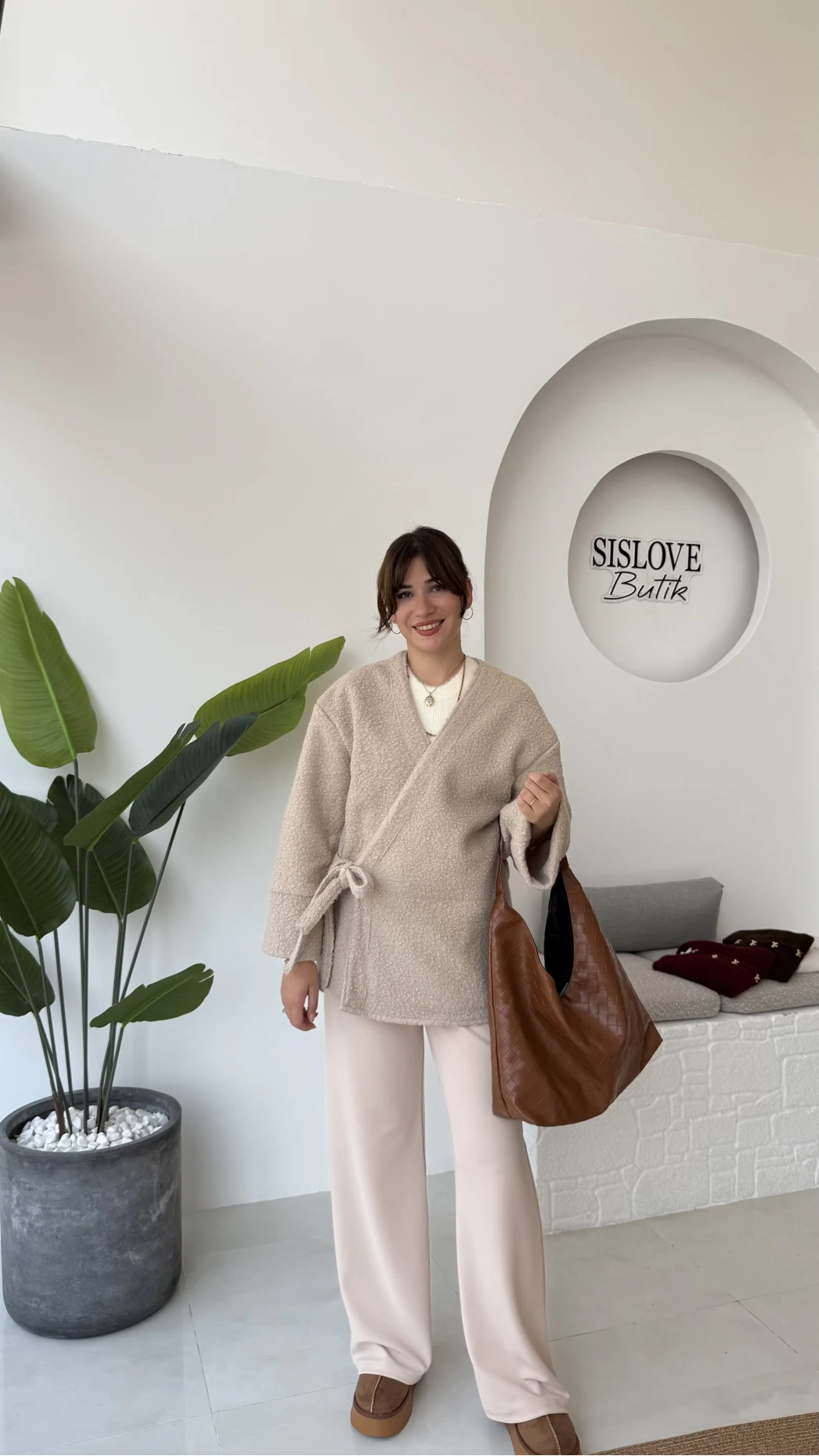 Teddy Kumaş Kimono - Taş - Kod: 7020