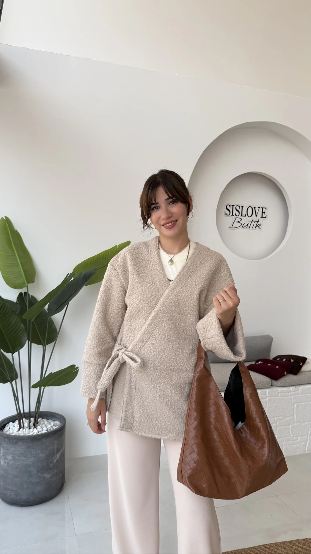 Teddy Kumaş Kimono - Taş - Kod: 7020