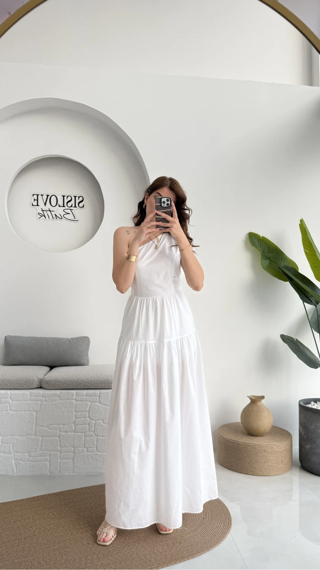 Tek Omuz Kat Kat Elbise - Beyaz