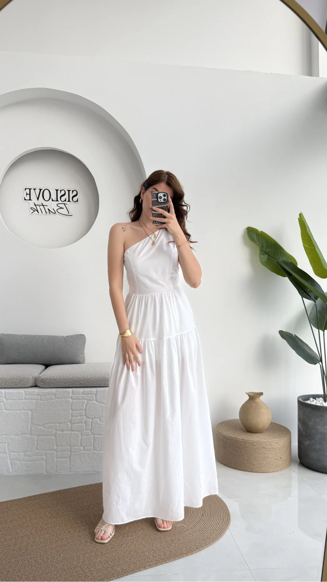 Tek Omuz Kat Kat Elbise - Beyaz