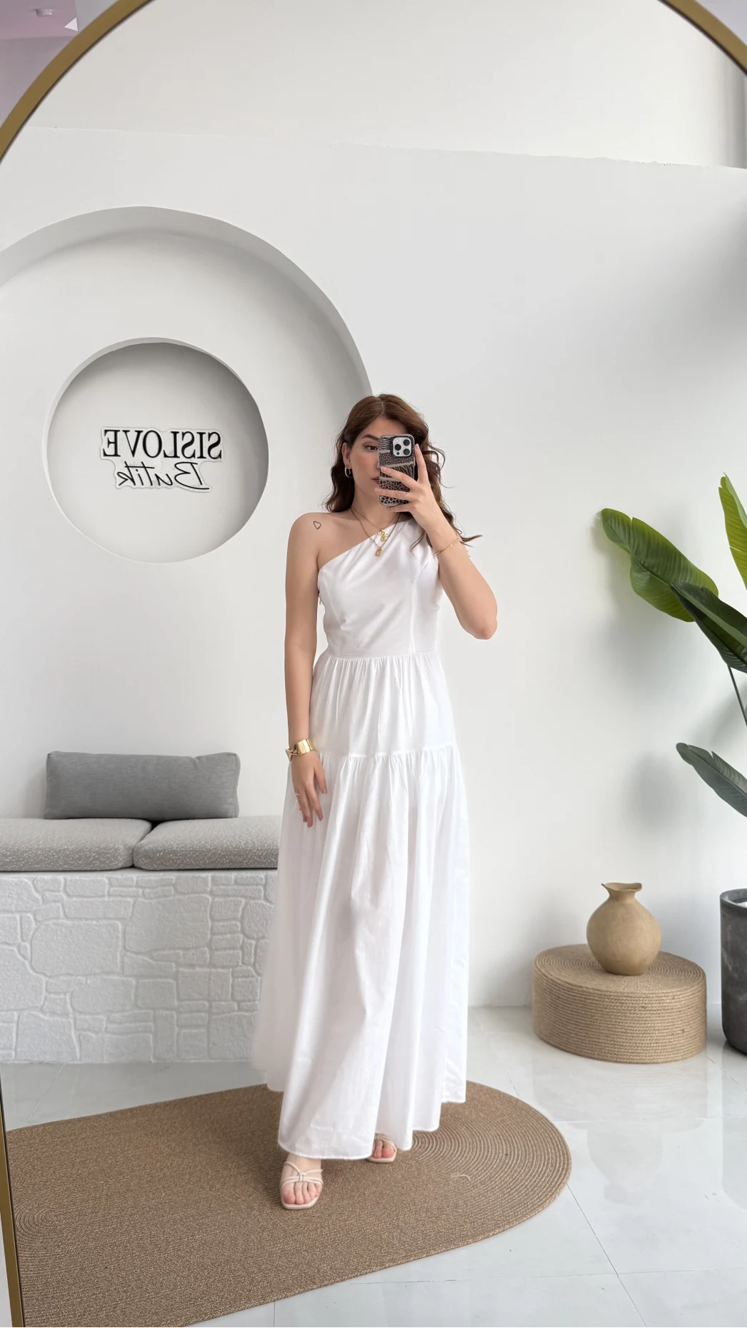 Tek Omuz Kat Kat Elbise - Beyaz