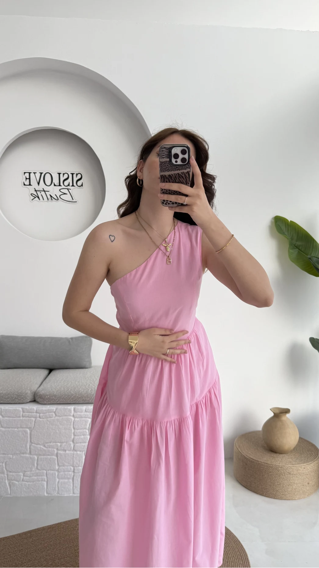 Tek Omuz Kat Kat Elbise - Pembe