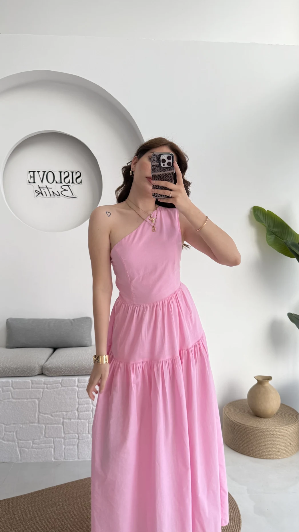 Tek Omuz Kat Kat Elbise - Pembe