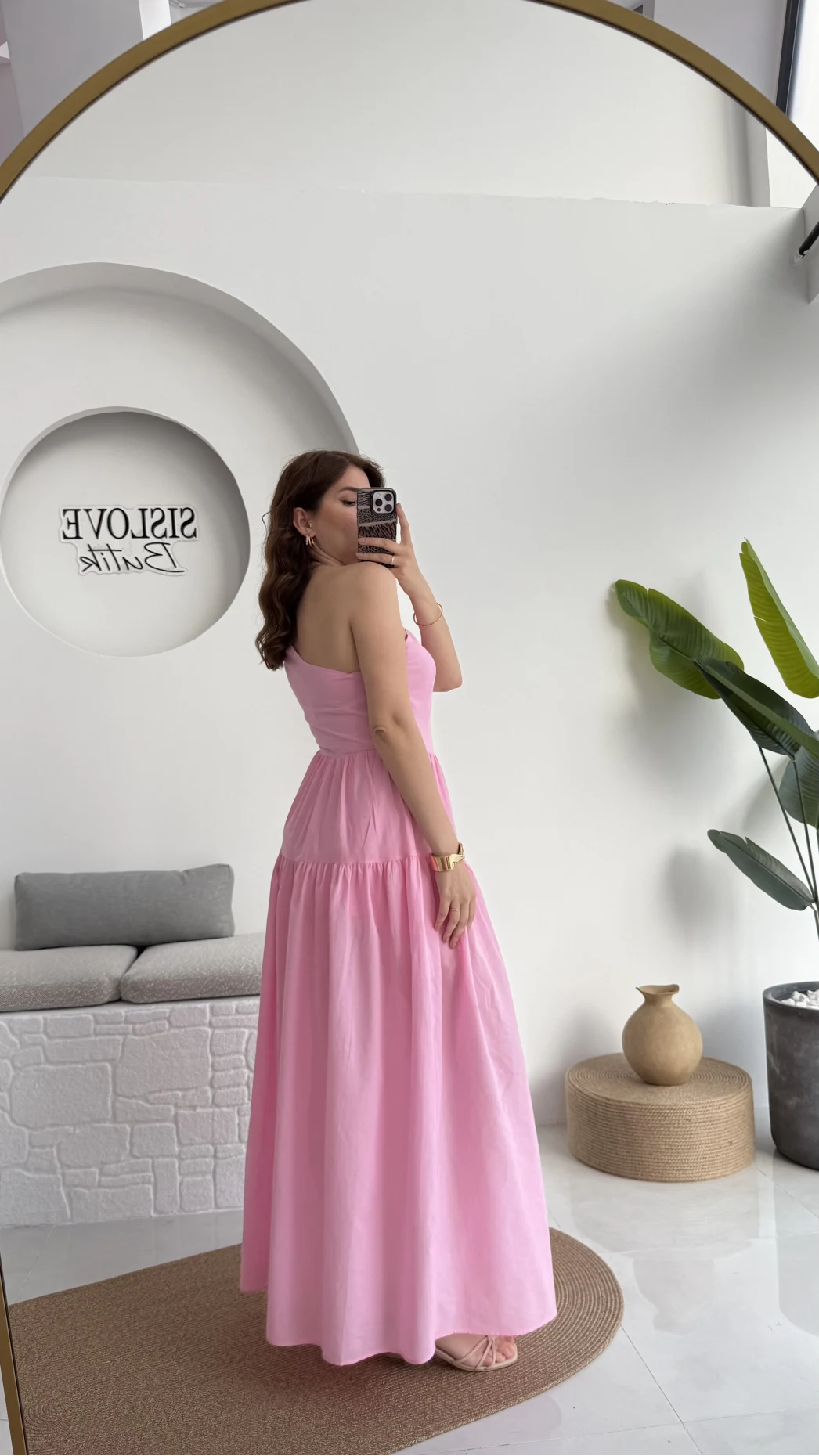 Tek Omuz Kat Kat Elbise - Pembe