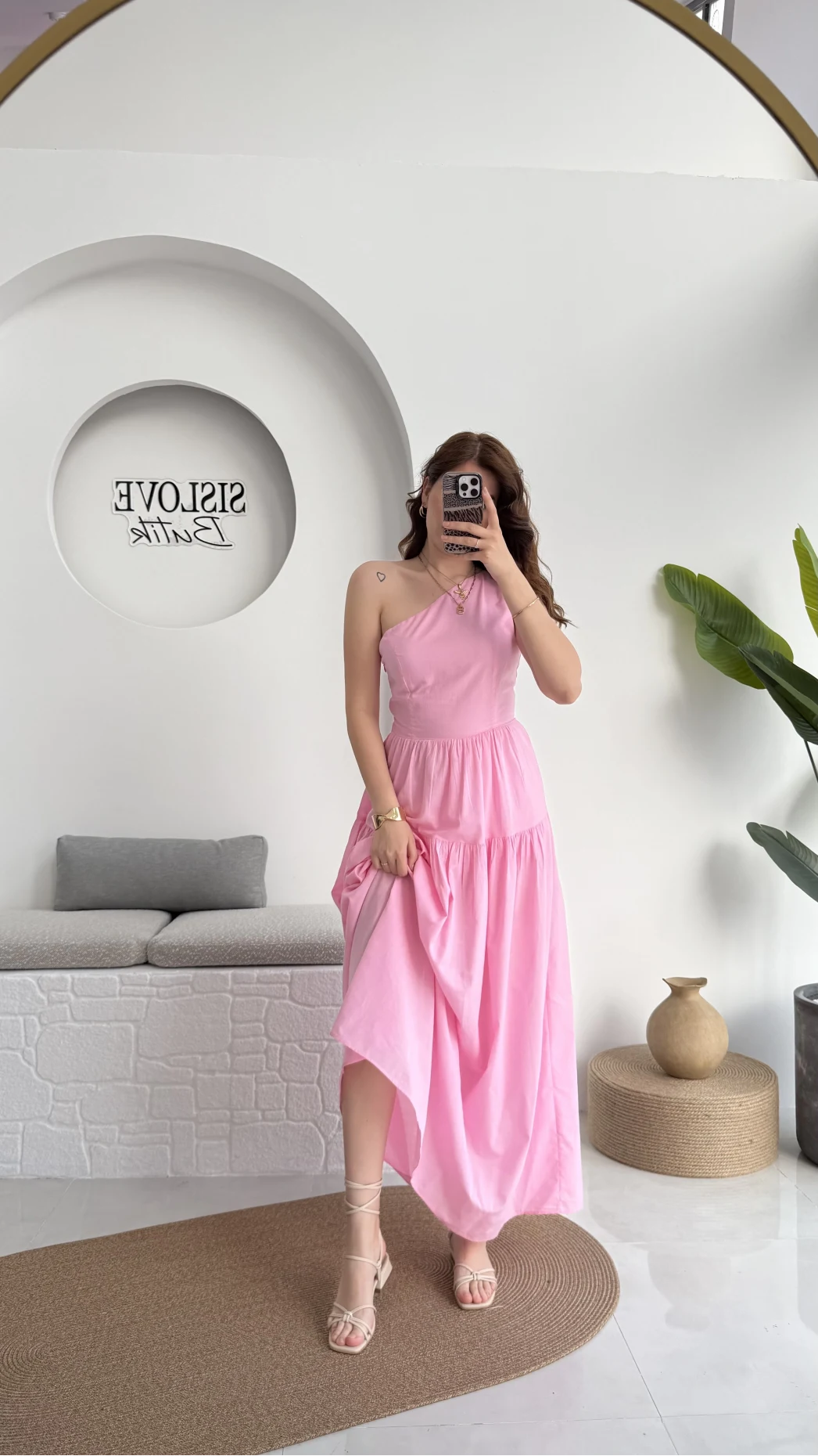 Tek Omuz Kat Kat Elbise - Pembe