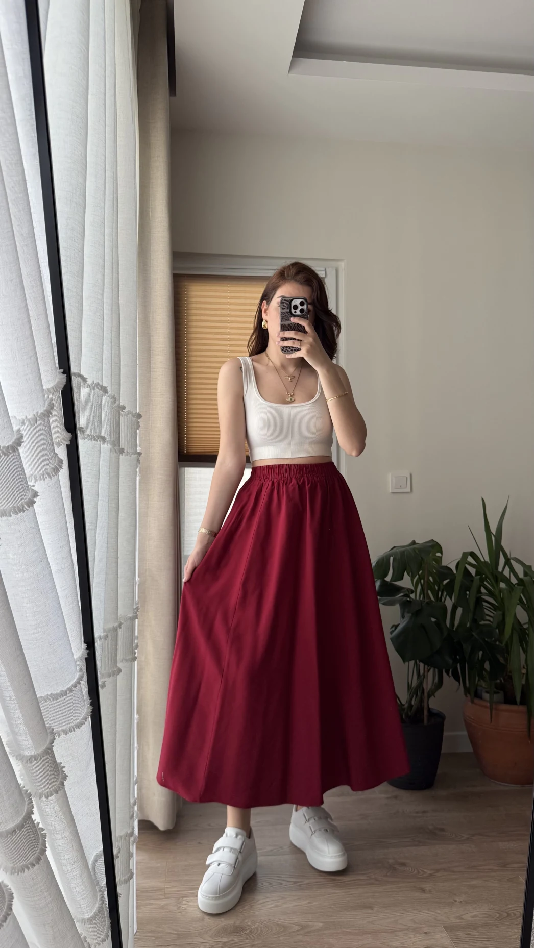 Tensel Modal Karışımlı Cepli Etek - Kırmızı Tonları