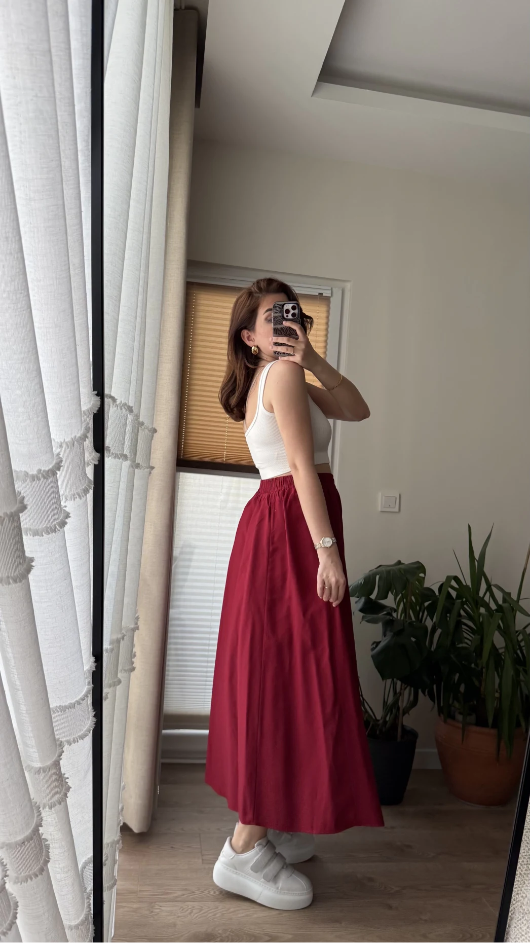 Tensel Modal Karışımlı Cepli Etek - Kırmızı Tonları