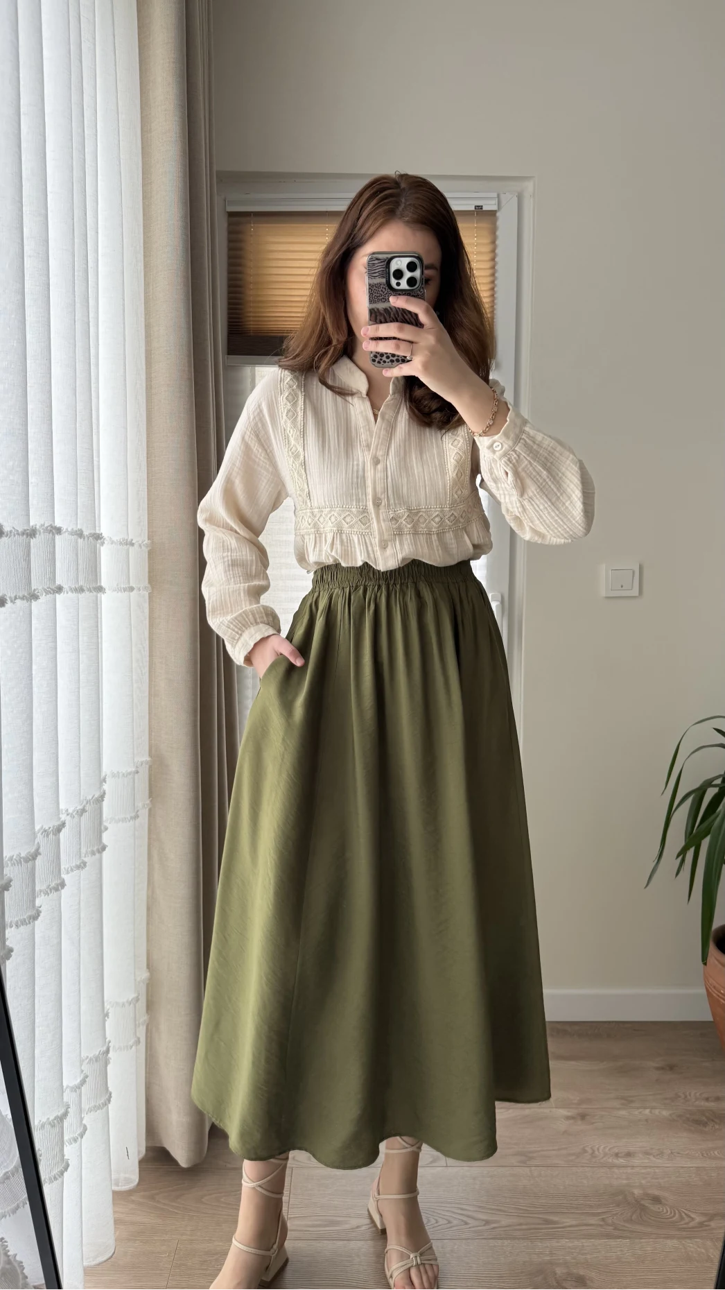 Tensel Modal Karışımlı Cepli Etek - Haki