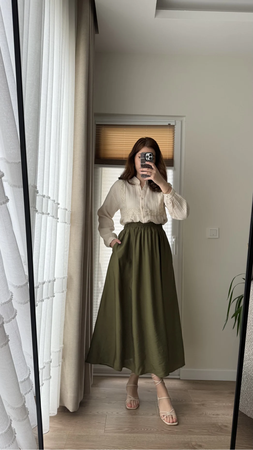 Tensel Modal Karışımlı Cepli Etek - Haki