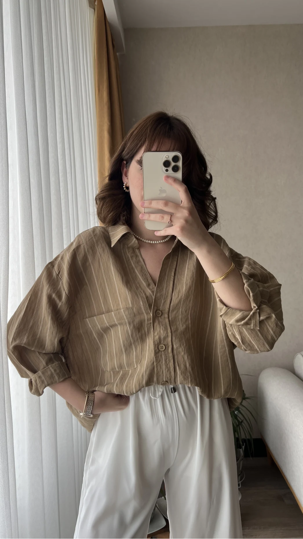 Tensel Oversize Çizgili Haki Tonları Gömlek