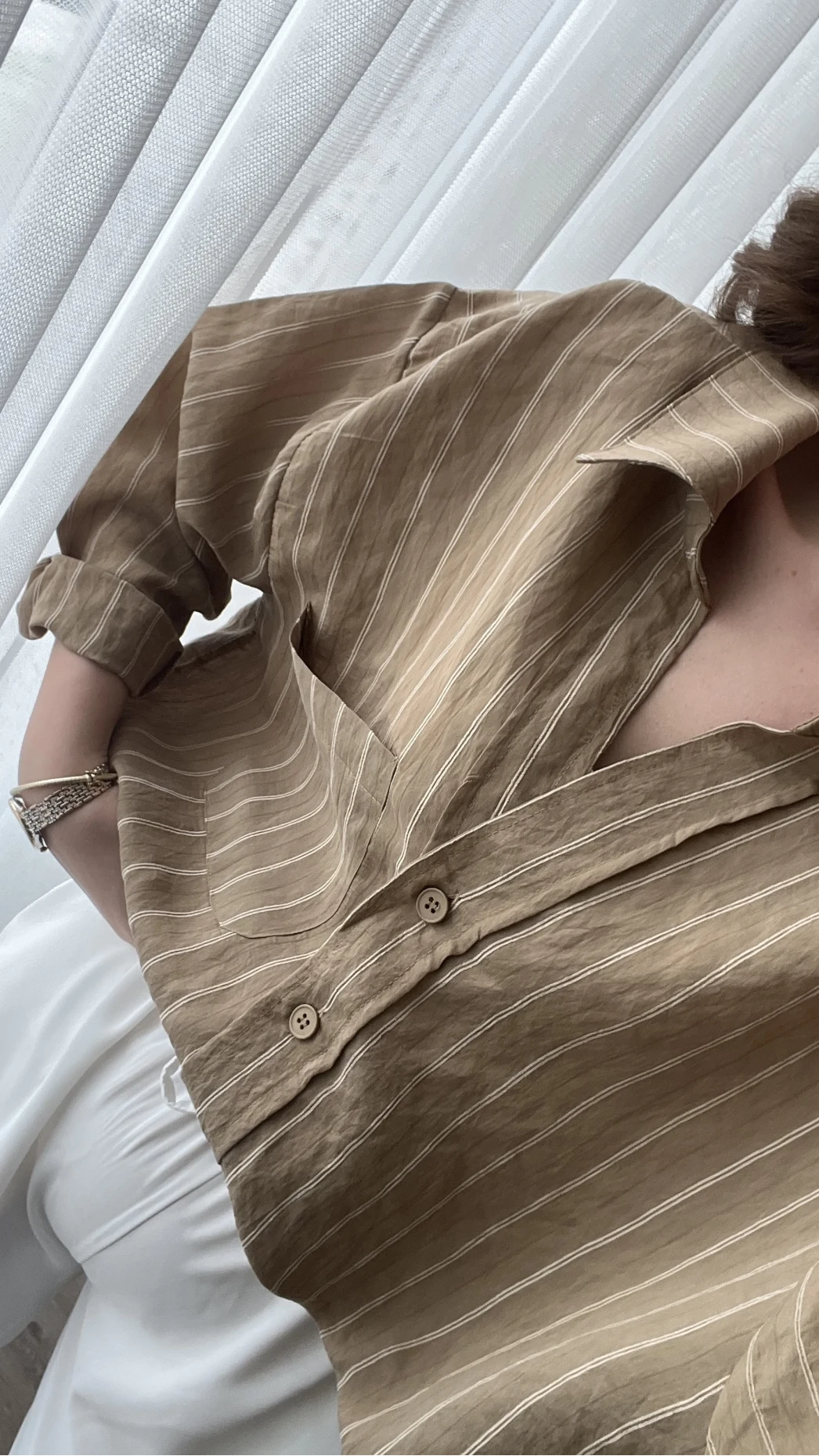 Tensel Oversize Çizgili Haki Tonları Gömlek