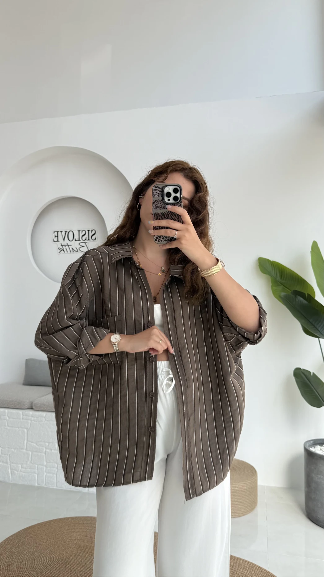 Tensel Oversize Çizgili Kahve Gömlek