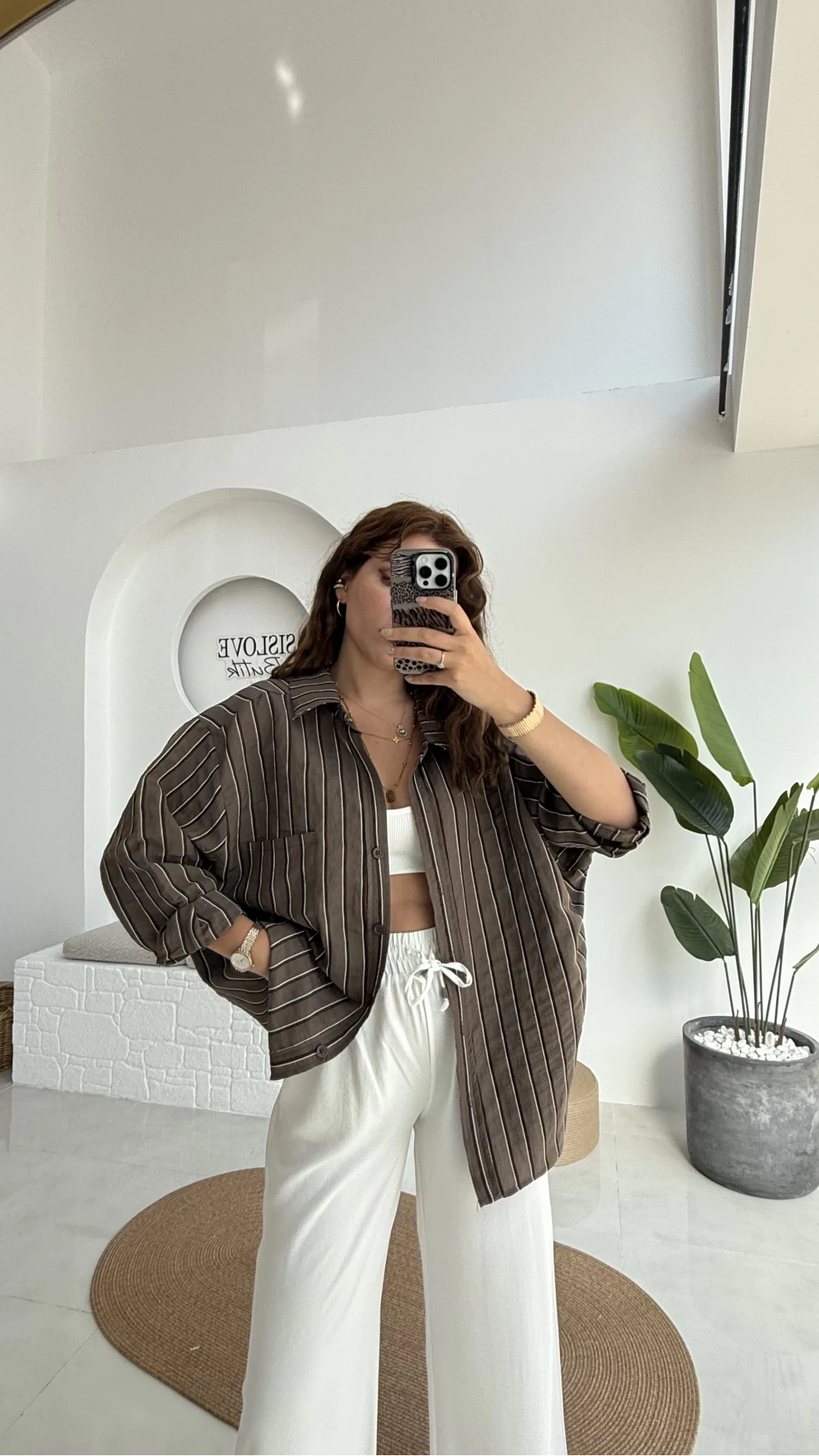 Tensel Oversize Çizgili Kahve Gömlek