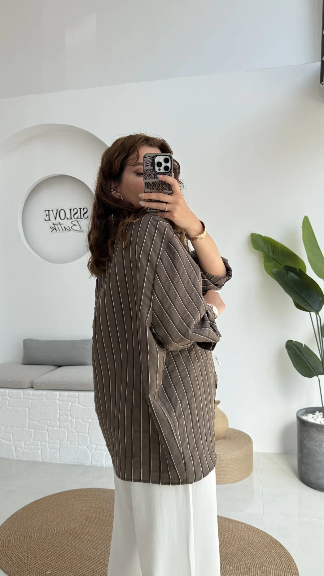 Tensel Oversize Çizgili Kahve Gömlek