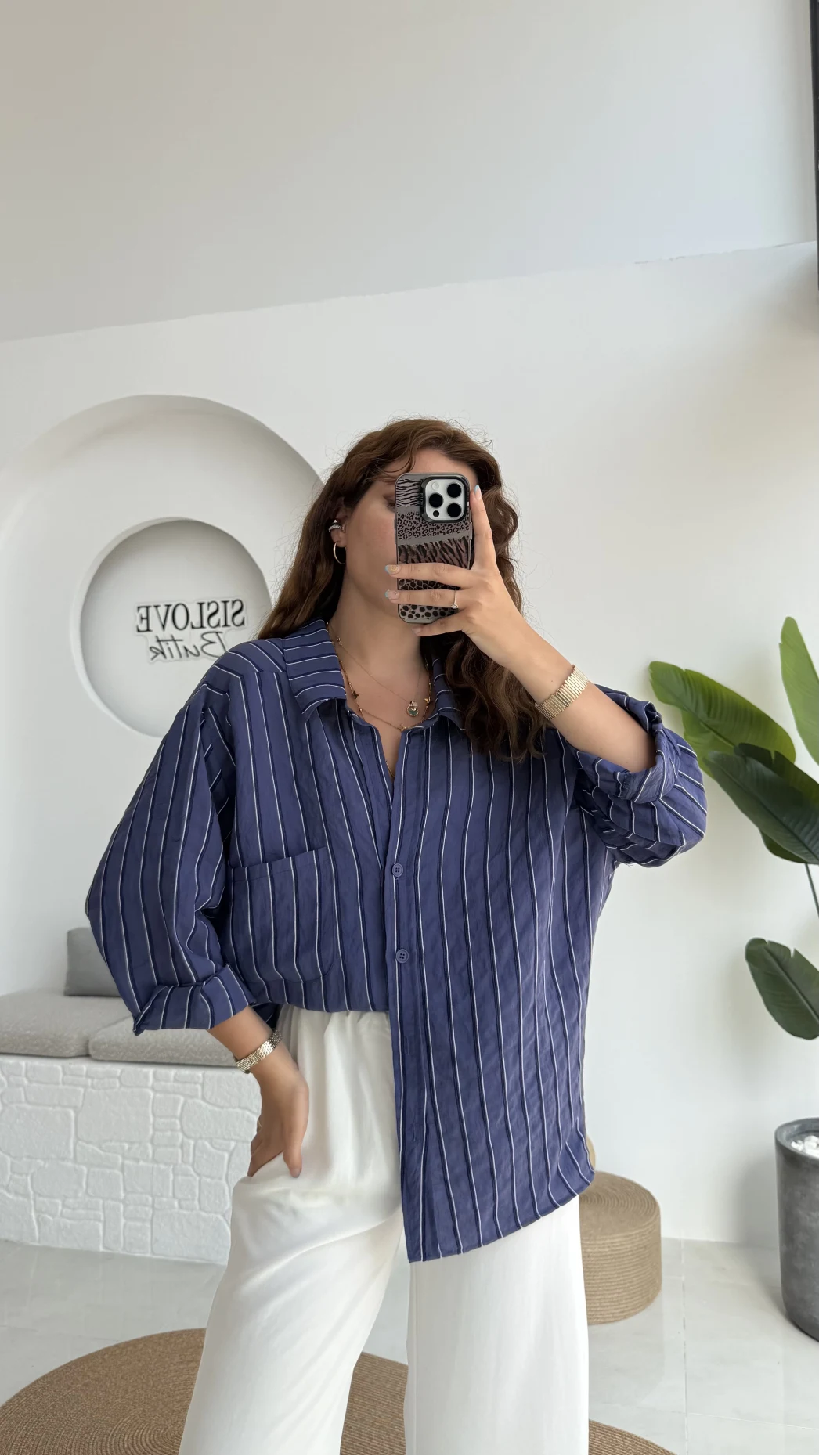 Tensel Oversize Çizgili Lacivert Gömlek