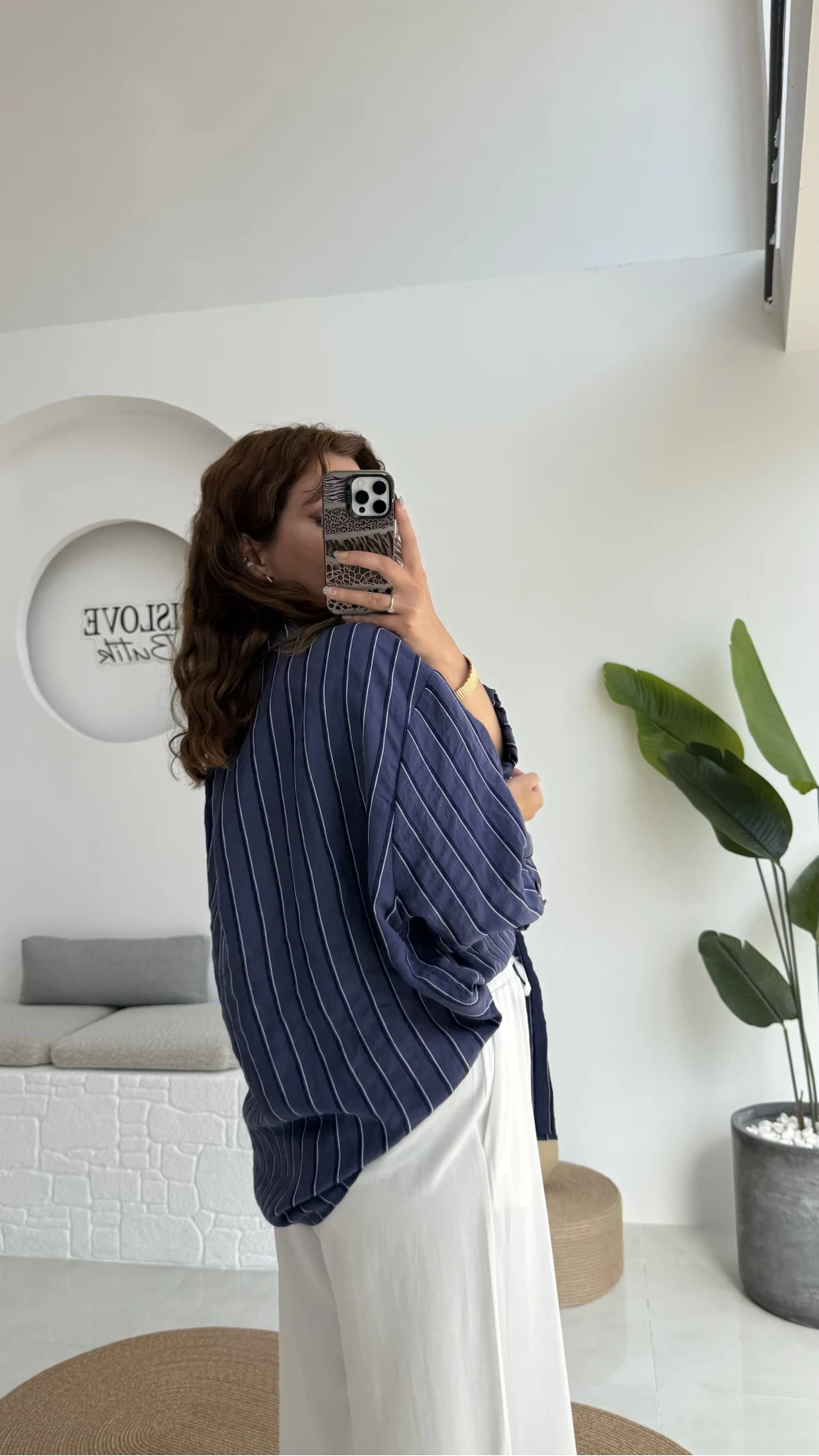 Tensel Oversize Çizgili Lacivert Gömlek