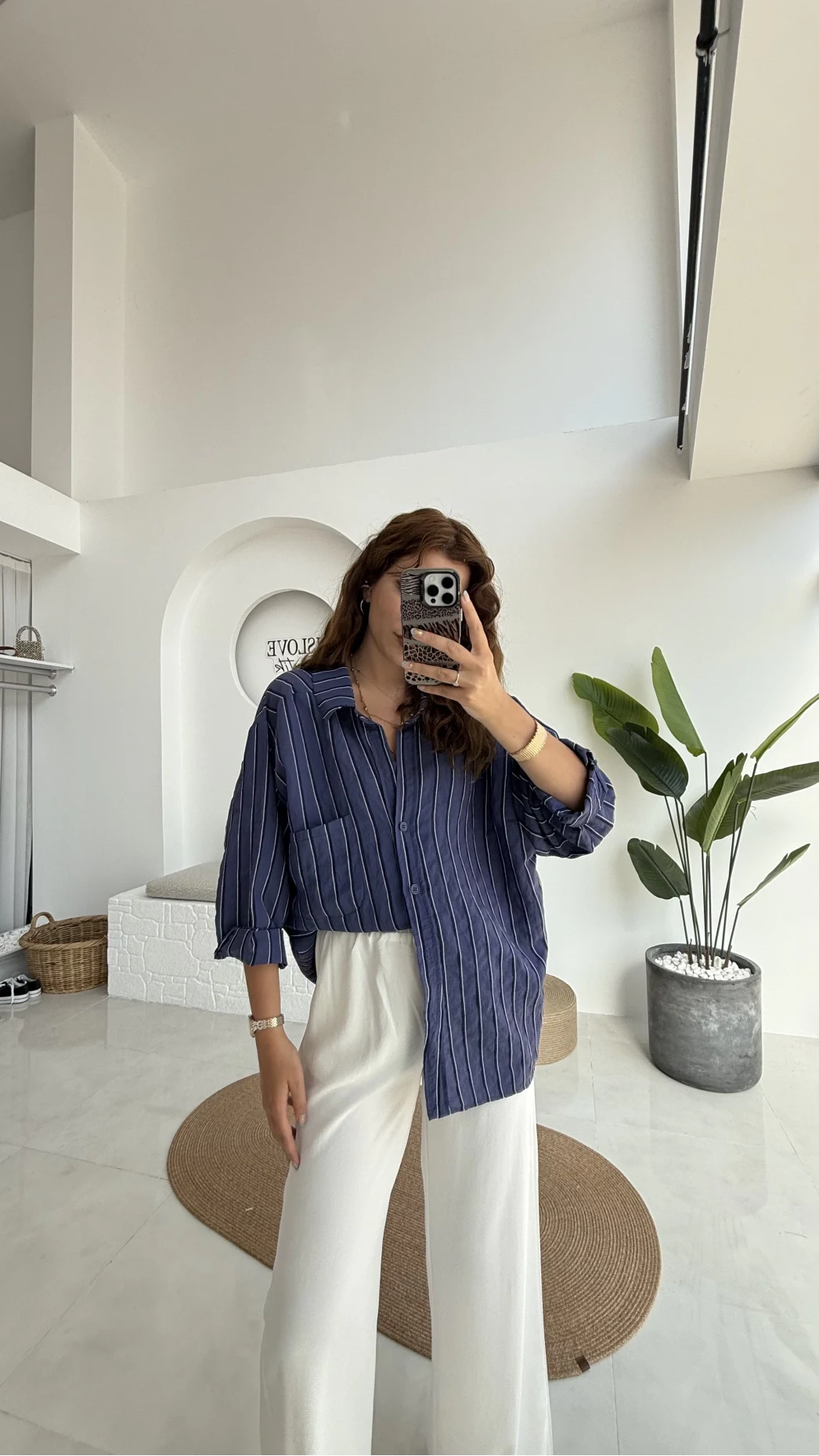 Tensel Oversize Çizgili Lacivert Gömlek