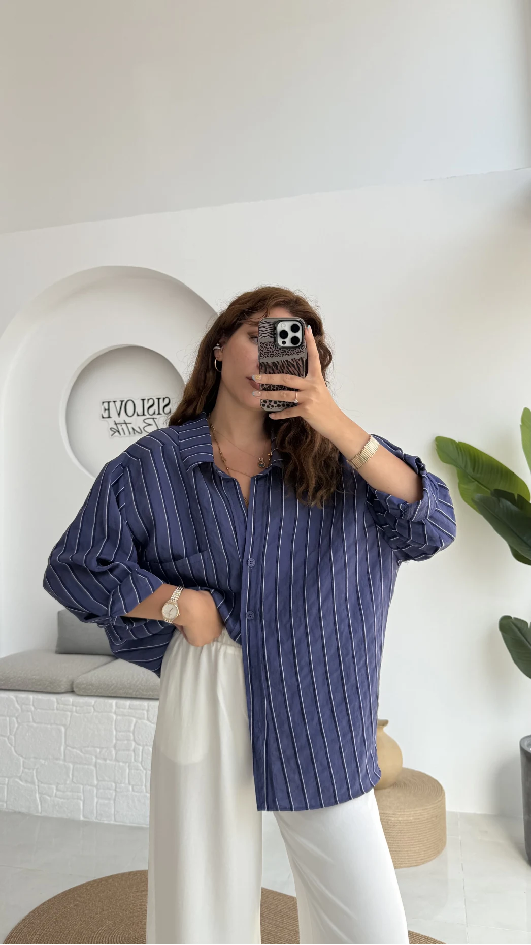 Tensel Oversize Çizgili Lacivert Gömlek