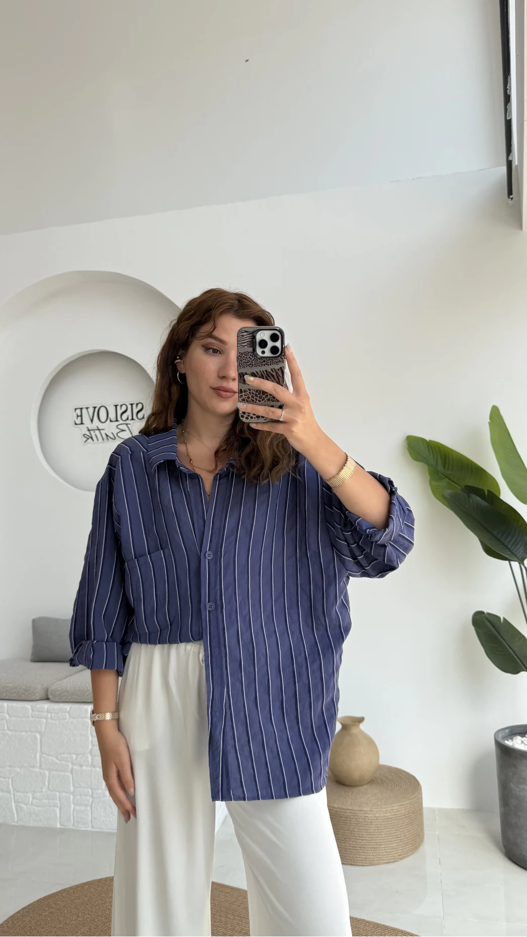 Tensel Oversize Çizgili Lacivert Gömlek