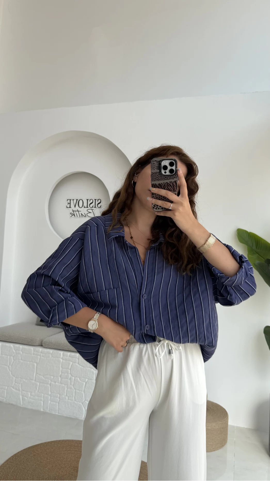 Tensel Oversize Çizgili Lacivert Gömlek