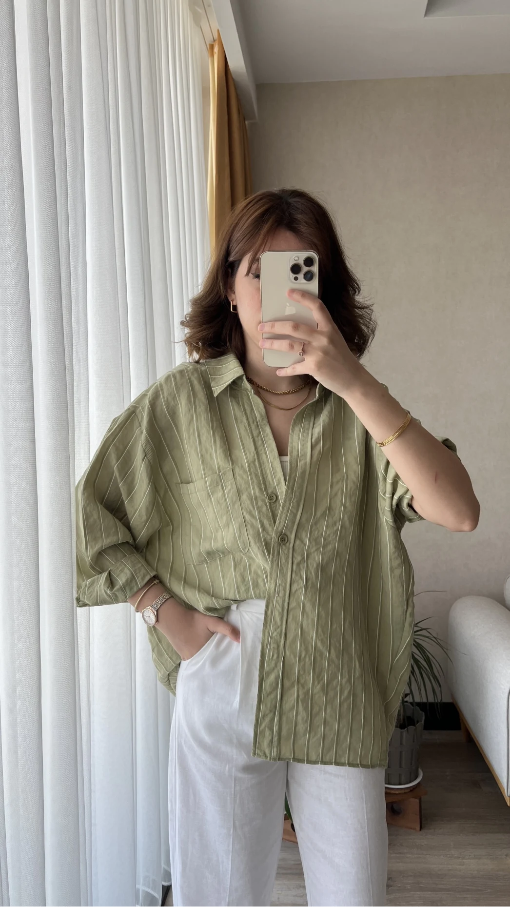 Tensel Oversize Çizgili Yeşil Gömlek