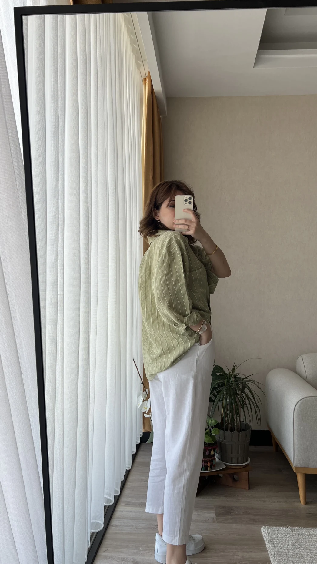 Tensel Oversize Çizgili Yeşil Gömlek