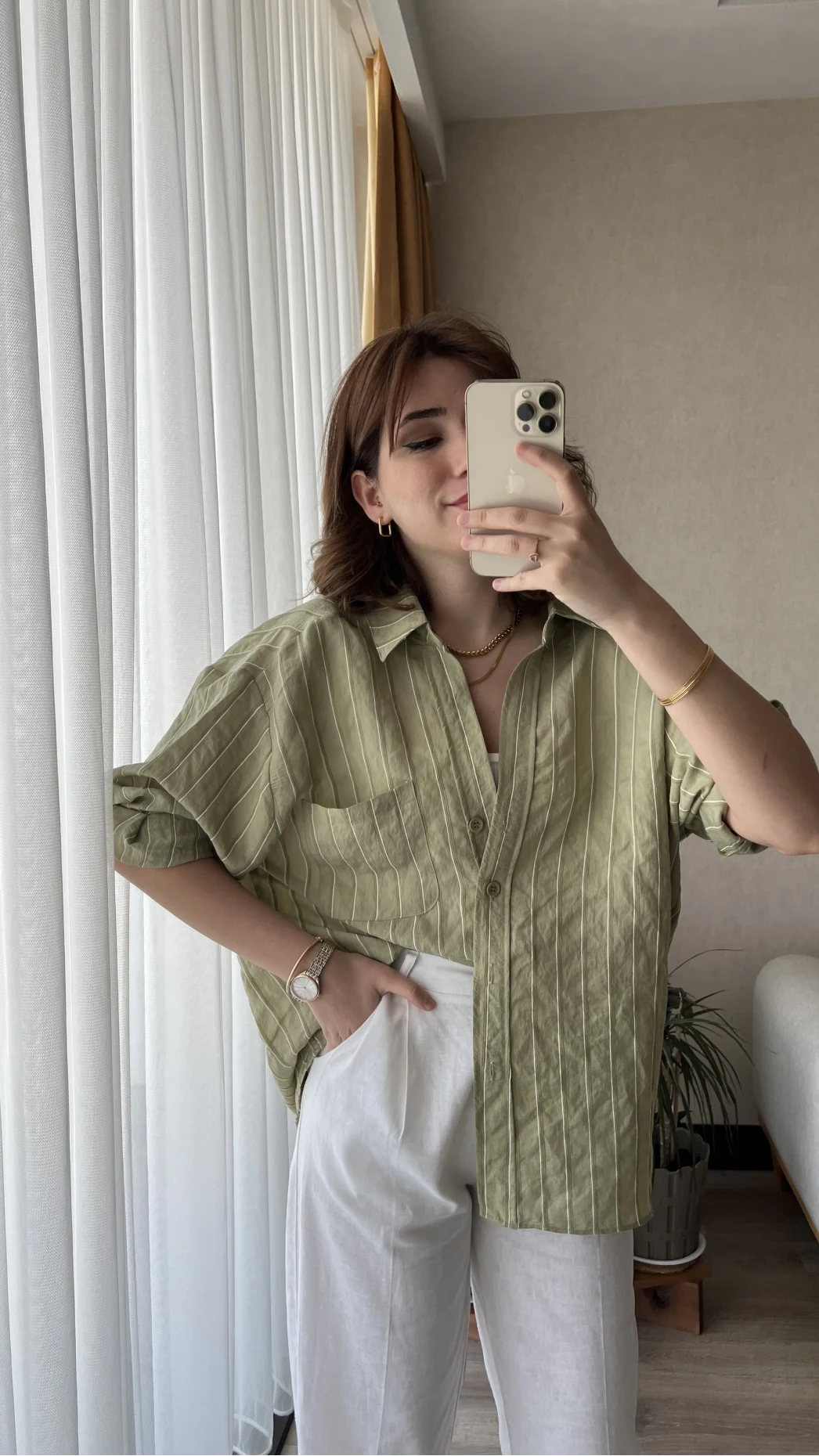 Tensel Oversize Çizgili Yeşil Gömlek