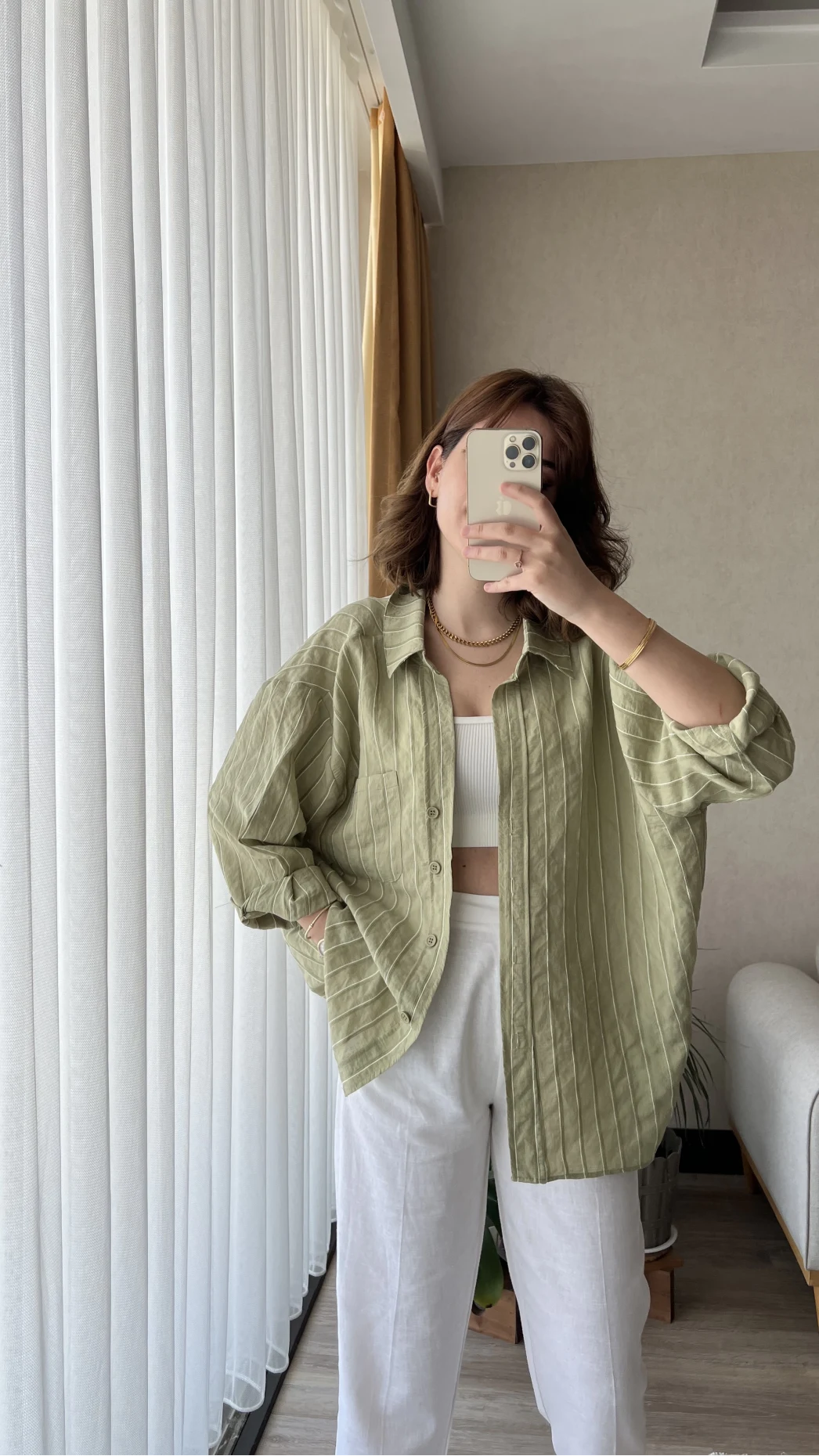 Tensel Oversize Çizgili Yeşil Gömlek