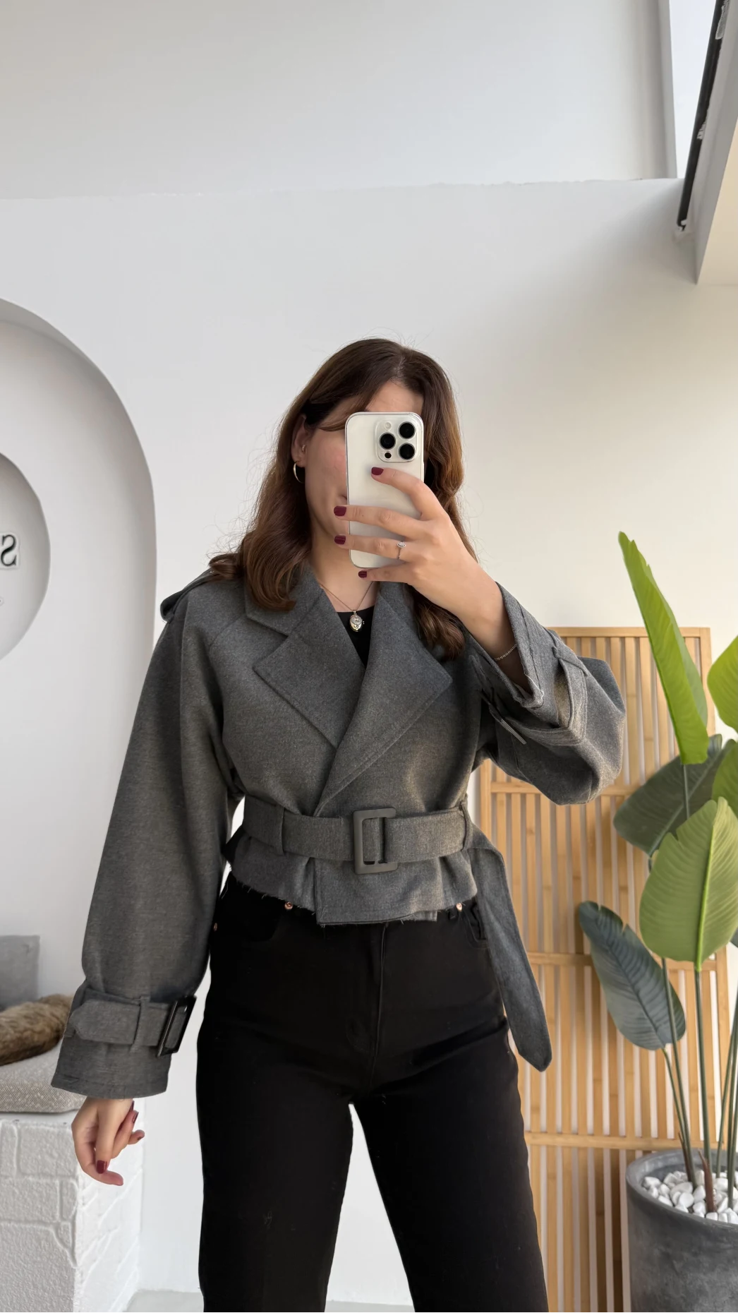 Tess Kemerli Reglan Kol Yarım Ceket - Antrasit - Kod: 9502