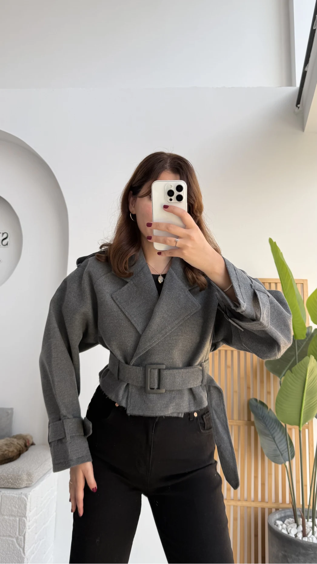 Tess Kemerli Reglan Kol Yarım Ceket - Antrasit - Kod: 9502