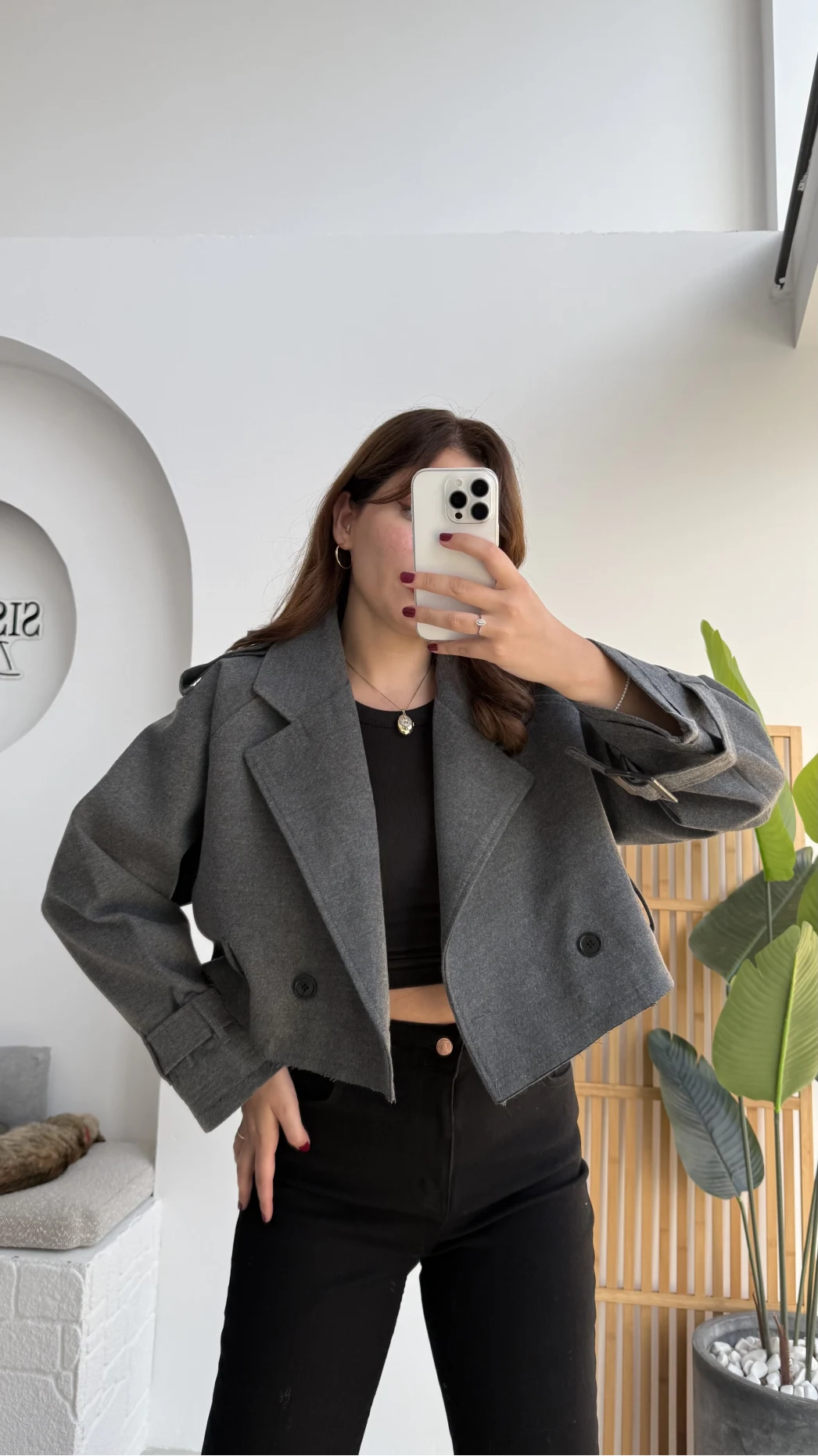 Tess Kemerli Reglan Kol Yarım Ceket - Antrasit - Kod: 9502