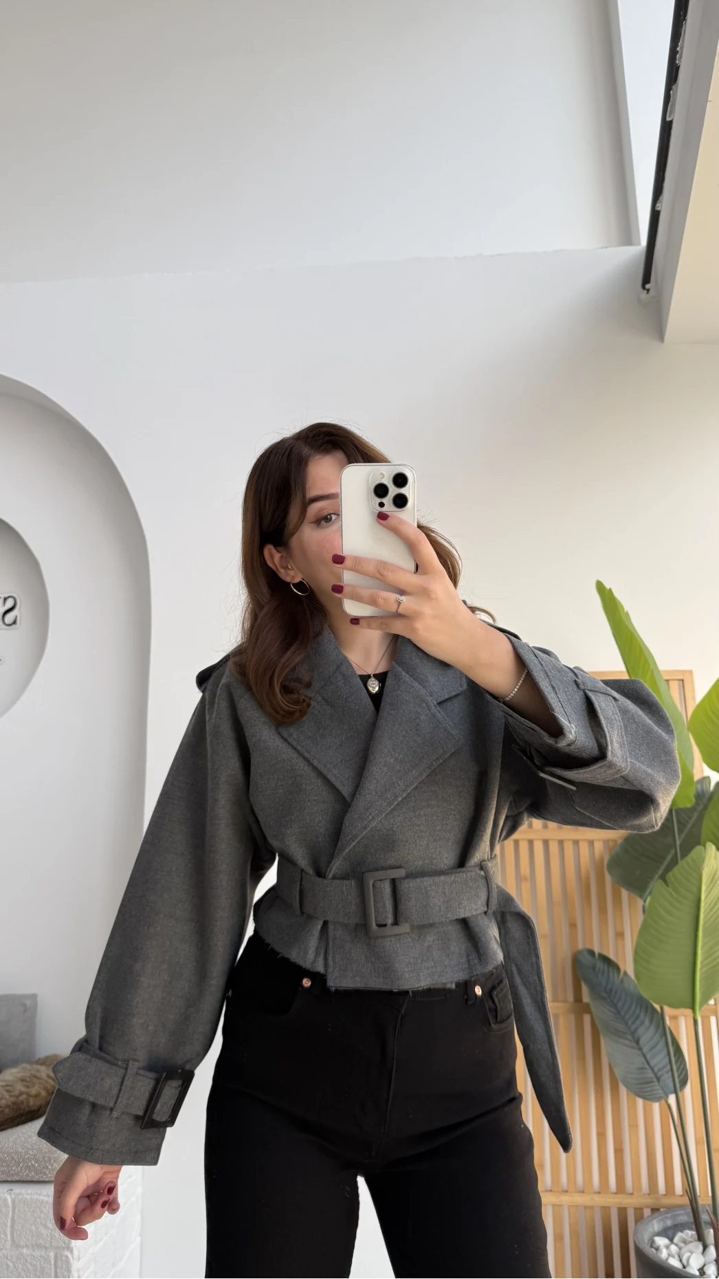 Tess Kemerli Reglan Kol Yarım Ceket - Antrasit - Kod: 9502