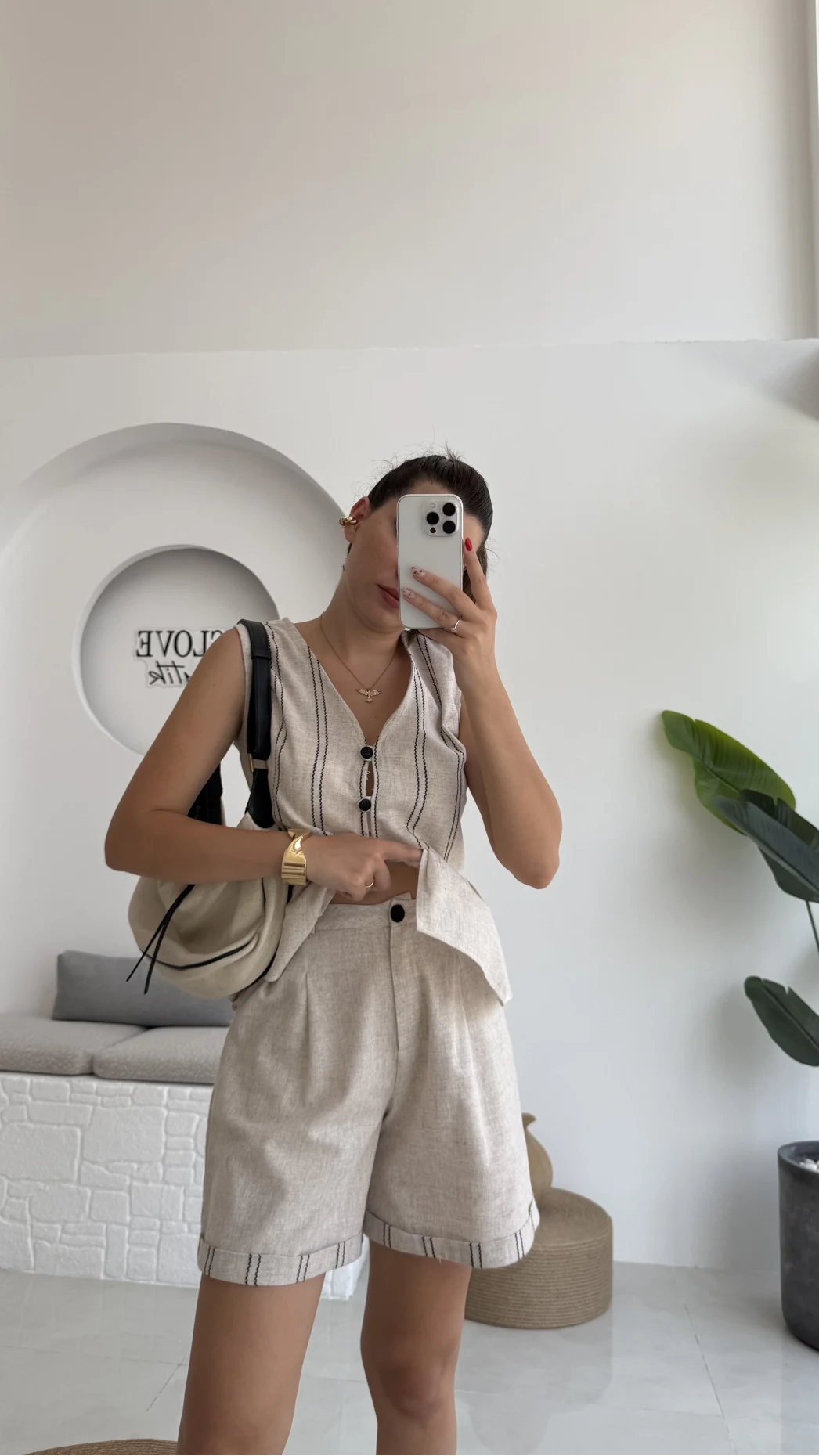 Tiana Çizgi Detay Keten Şort Takım - 8010