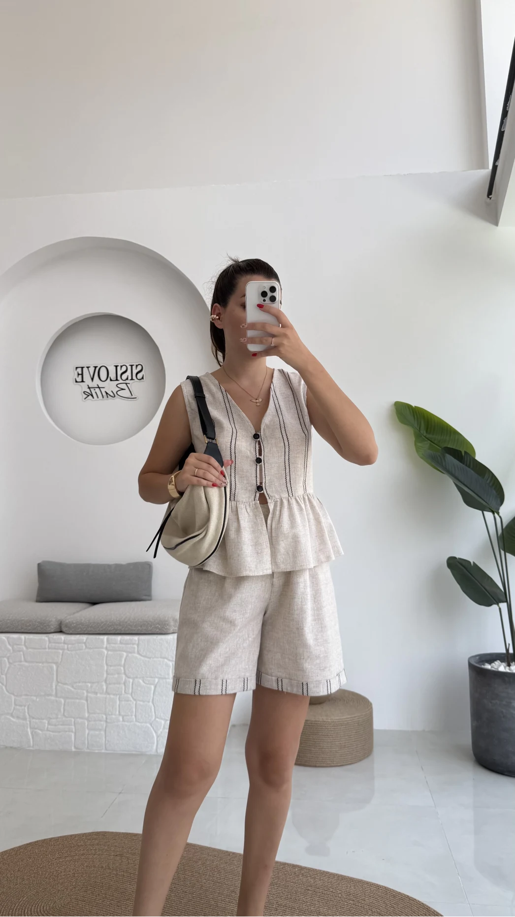 Tiana Çizgi Detay Keten Şort Takım - 8010