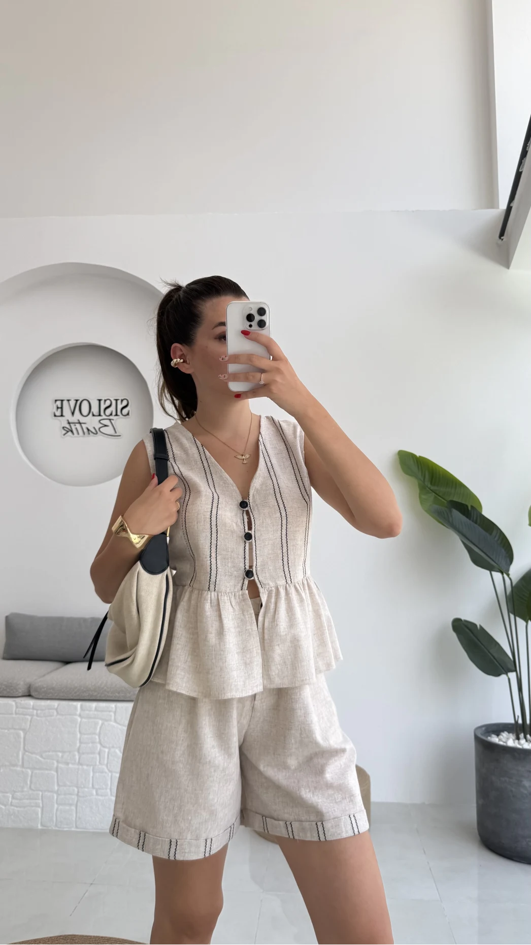 Tiana Çizgi Detay Keten Şort Takım - 8010
