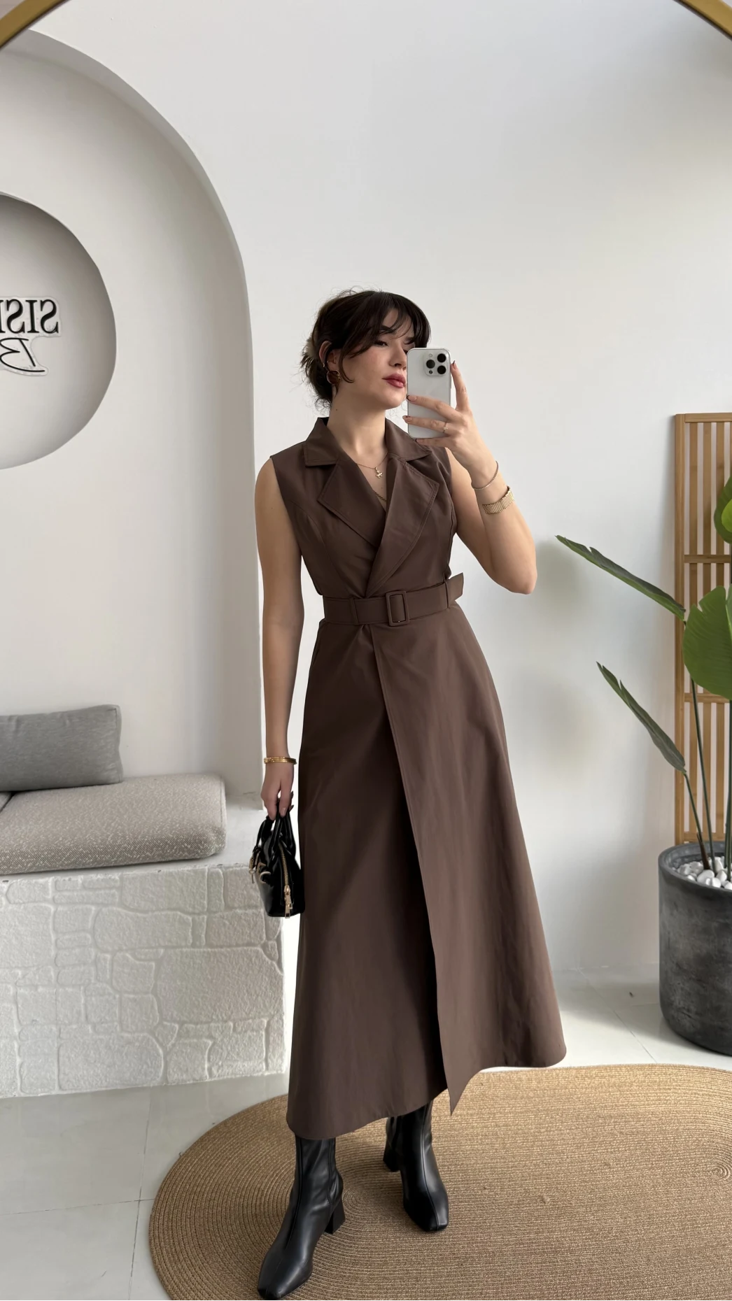 Bailey Kemer Detay Elbise - Acı Kahve - Kod: 2350