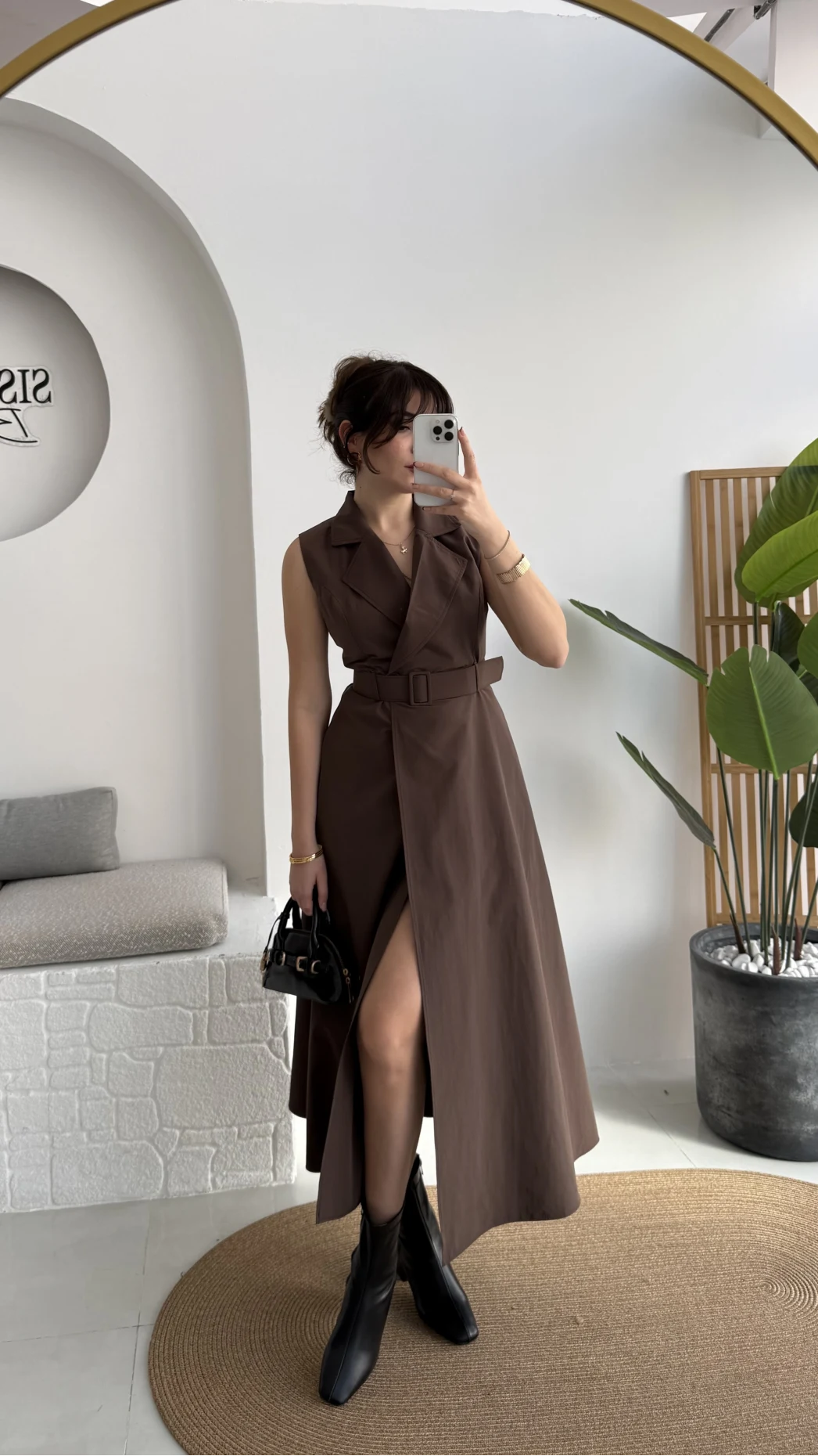 Bailey Kemer Detay Elbise - Acı Kahve - Kod: 2350