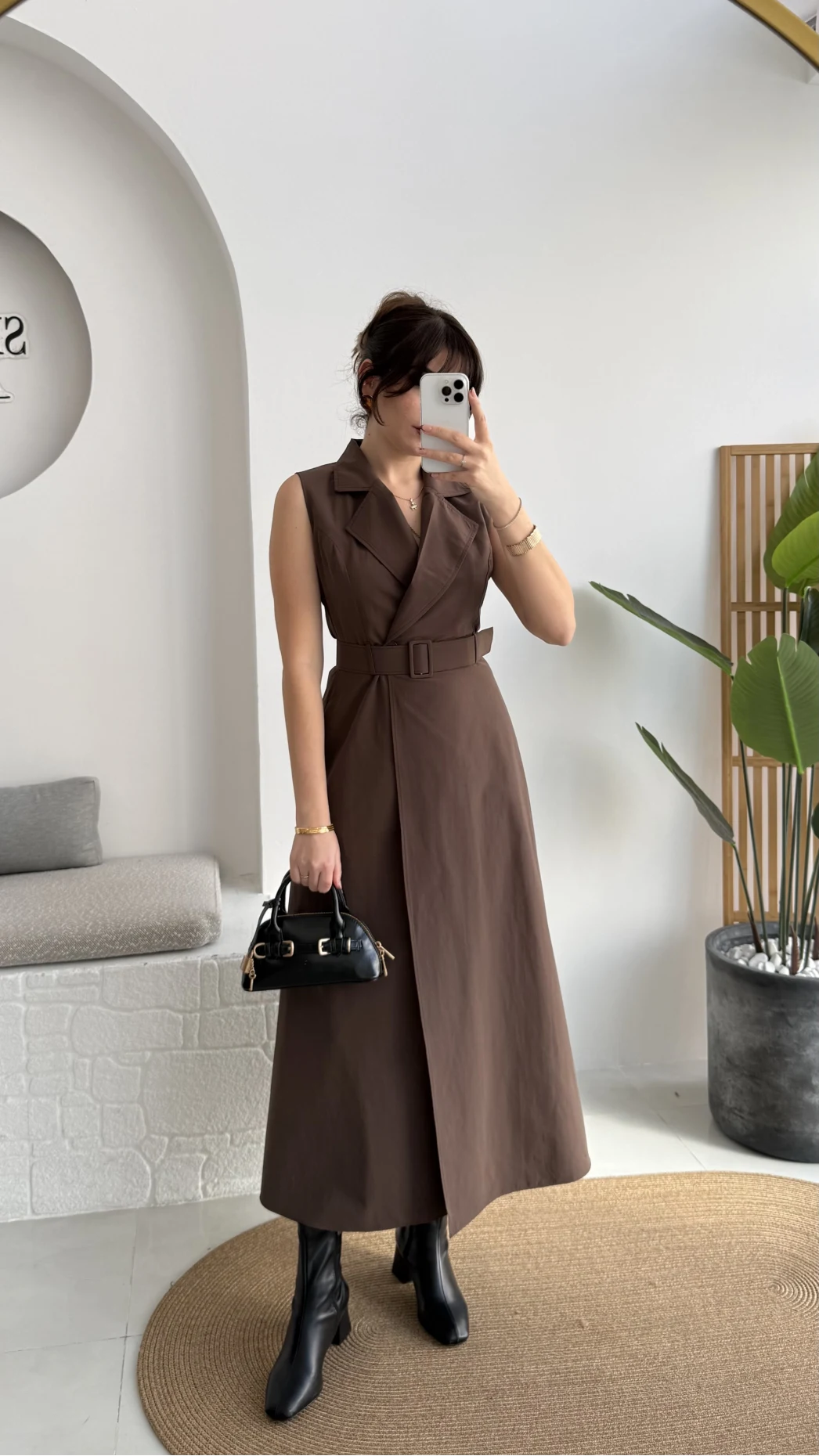 Bailey Kemer Detay Elbise - Acı Kahve - Kod: 2350